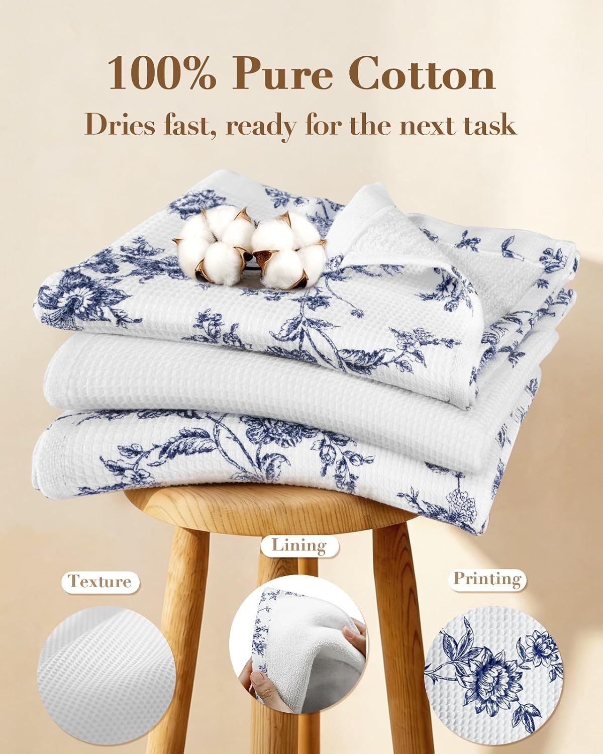 Miss Adola 4pcs Waffle Kitchen Towels - 16x26 Inch Cotton Waffle Weave Dish Cloths Set of 4 with Hanging Loop Absorbent Hand Tea Towels French Country Design for Housewarming Gift, Toile Print
