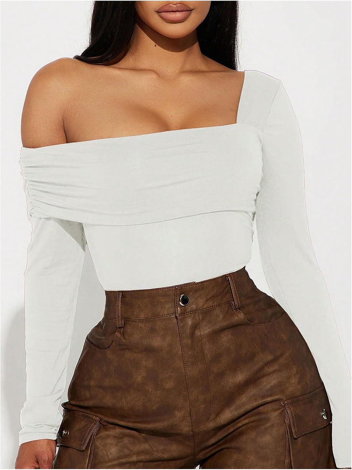 SweatyRocks Women's Long Sleeve Body Suits One Shoulder Backless Ruched Leotard Bodysuit Asymmetrical Tops