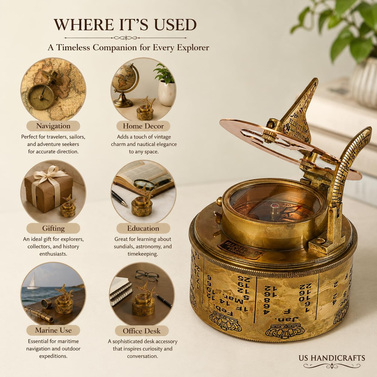 Vintage Compass Navigational Instrument - Marine Sundial Kompas ze skórzanym etui i kalendarzem...