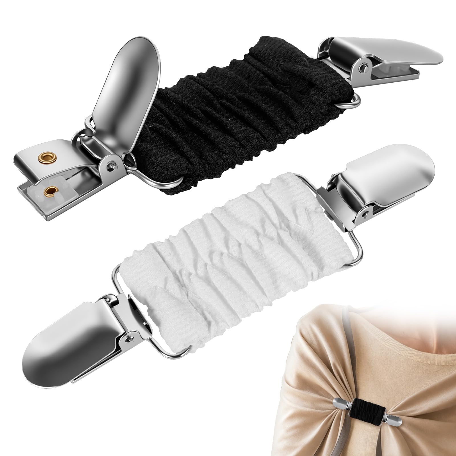 2 Pcs Cinch Clips for Clothes, Elastic Waist Cincher Clip, Adjustable Dress Clips Back Cinch, Cardigan Sweater Shawl Shirt Tightener for Women(Black+White)