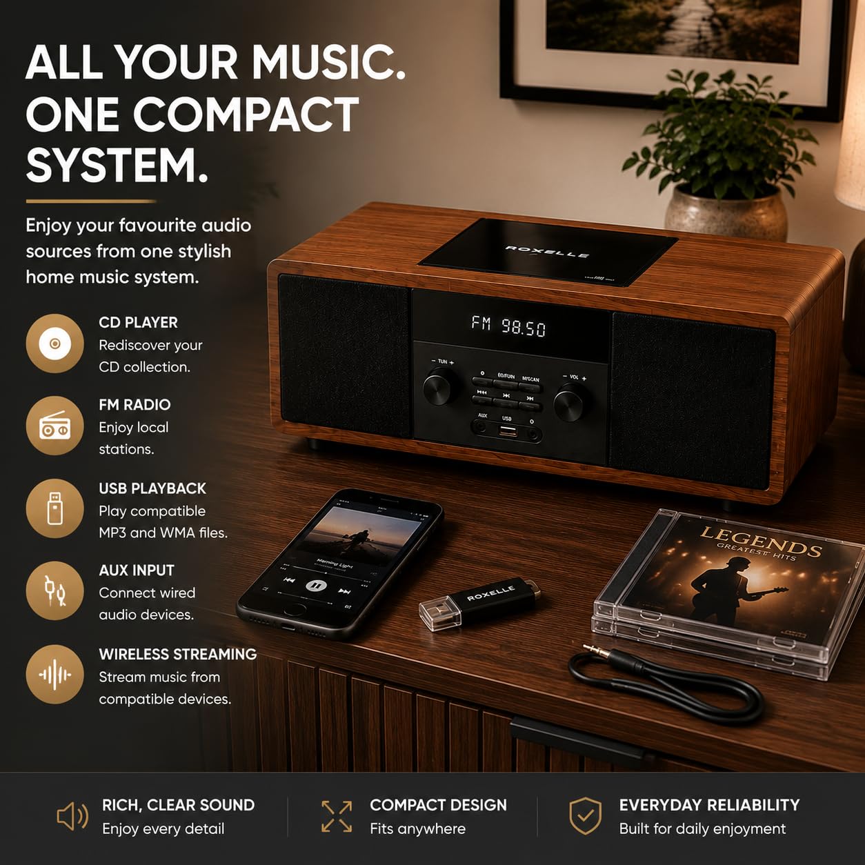 ROXELLE Sistema Hi-Fi compatto CD-440 con lettore CD, Bluetooth, radio FM, riproduzione MP3 USB, AUX e jack per cuffie, 2 altoparlanti stereo da 10 W, telecomando, finitura in legno di noce