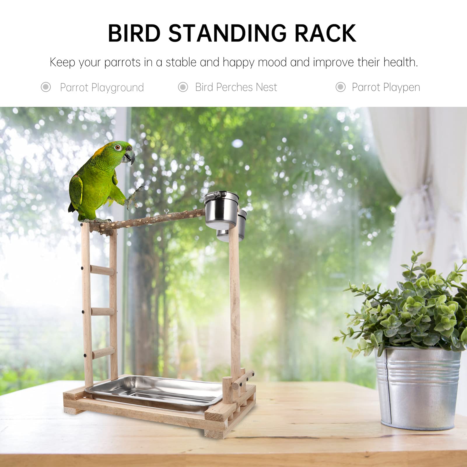 BESPORTBLE Escalera de Madera para Pájaros Escalera de Entrenamiento para Trepar Juguete Educativo para Pájaros Comedero de Acero Inoxidable para Psittacus y Parrots