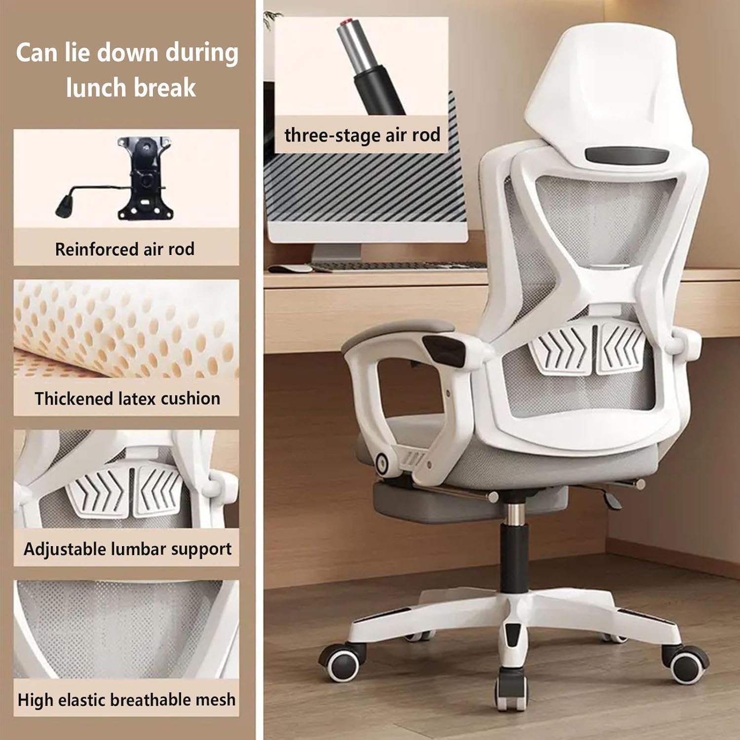 Reclining Office Chair with Footrest Retractable Footrest, with Adjustable Lumbar Support Home Office Chair Breathable Mesh,for Home/Study/Working,Grey