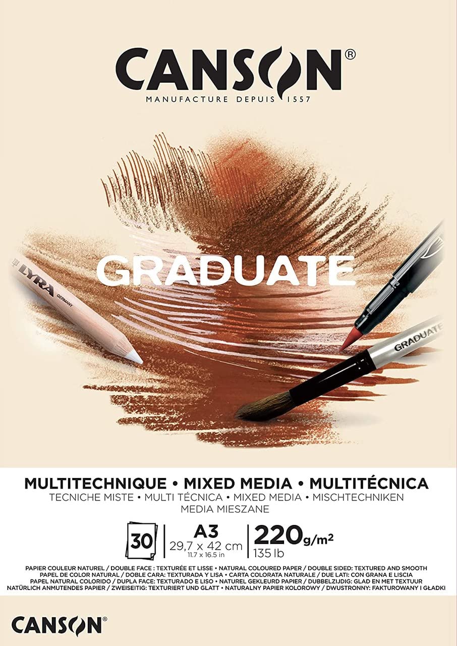 CANSON Graduate Mixed Media 200gsm A3 Paper, Double Sided: Grained And Smooth, Pad Glued Short Side, 30 Natural Sheets, Ideal for Student Artists