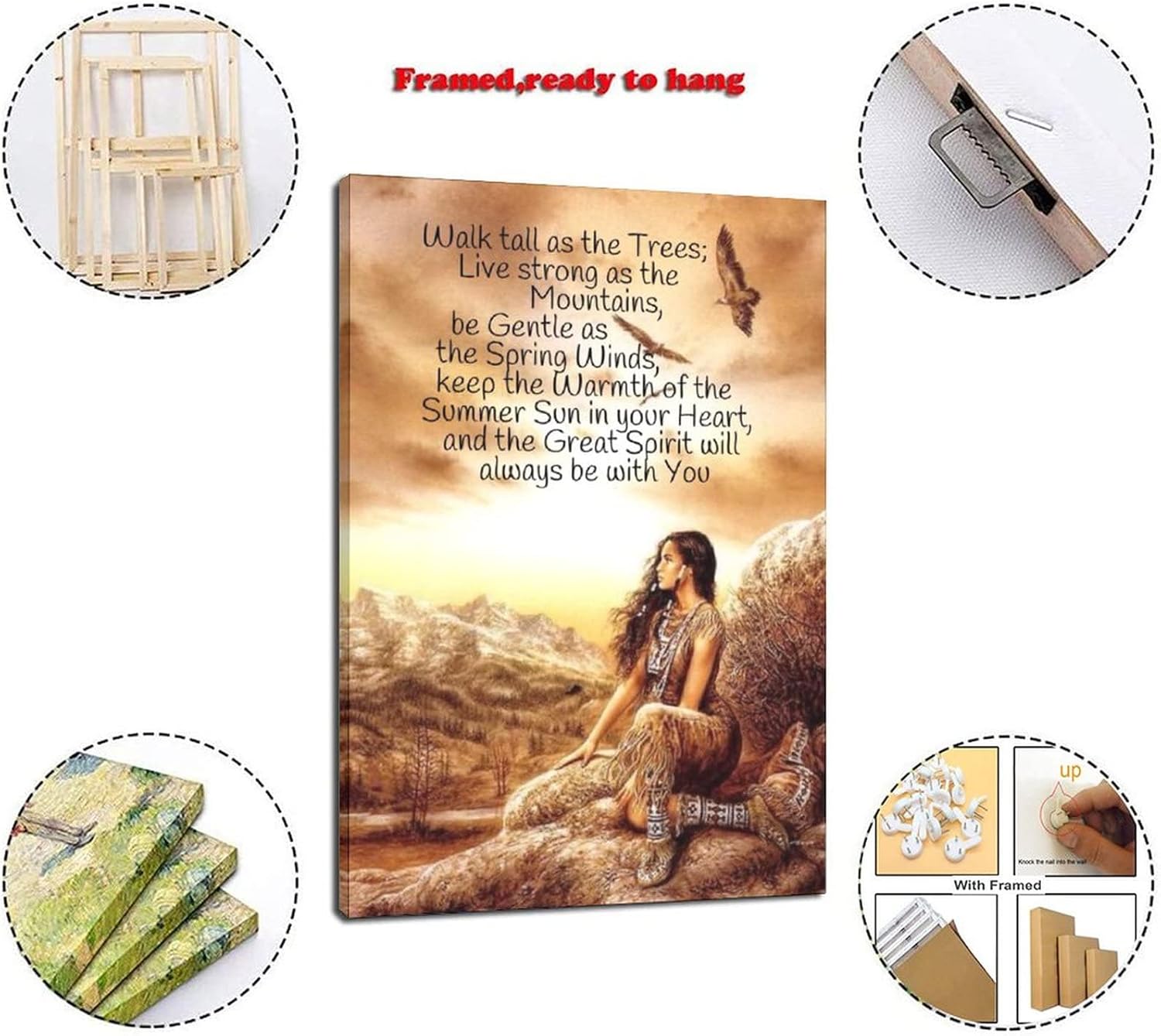 XLPOP Native American Indian Women Spiritual Quotes Canvas Wall Art Posters Gifts Bedroom Paintings Home Decor Hanging Picture Framed,12x18inch(30x45cm)