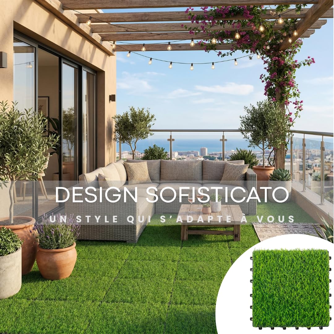 ActivoTex Piastrelle Da Giardino 30x30 cm 10 Pezzi – Pavimento Esterno Ad Incastro con Erba Sintetica, Pavimento Giardino per Balcone, Patio e Terrazza, Drenante e Facile da Installare