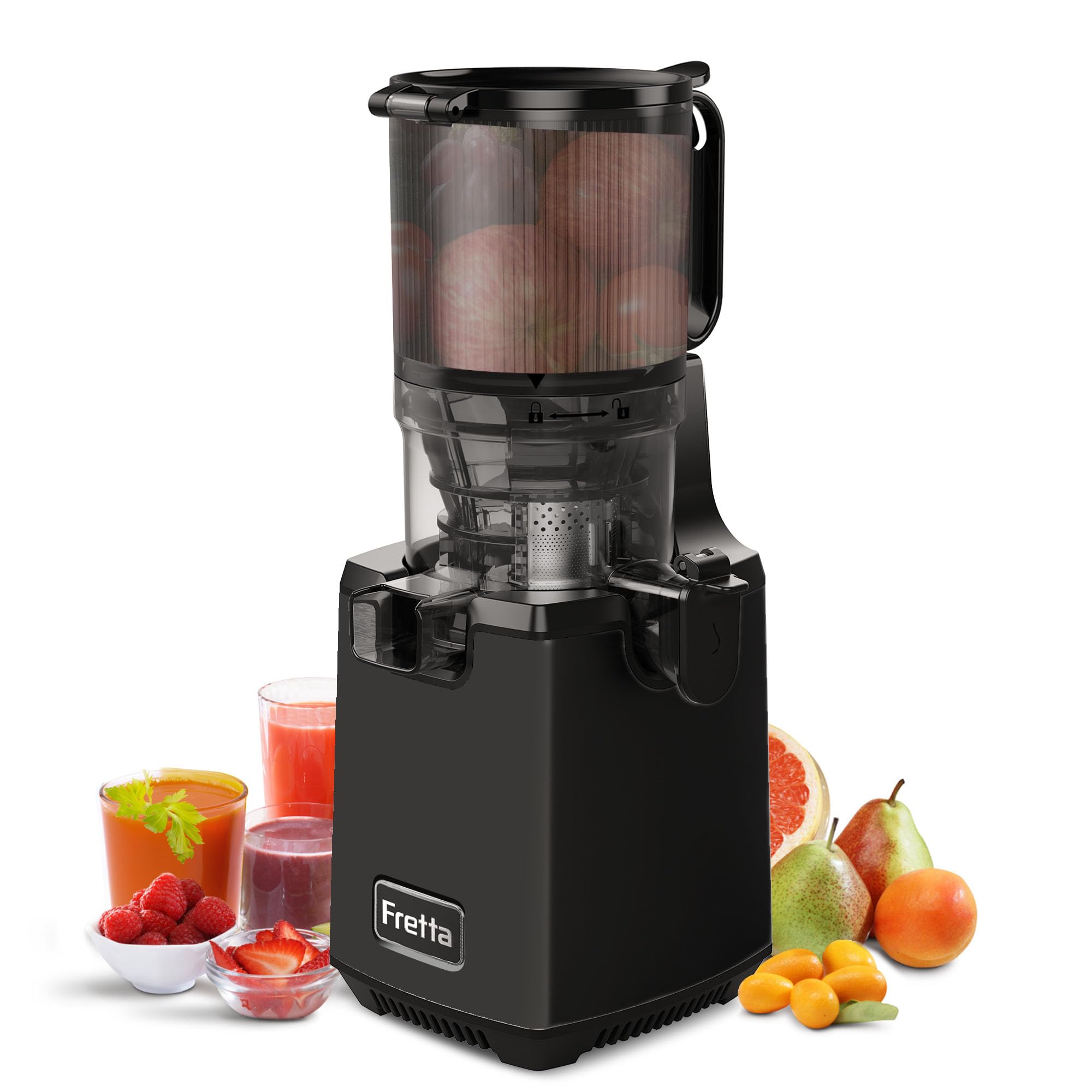Fretta Extracteur de Jus à Mastication Lente, Grande Goulotte 135mm, Presse-agrumes Automatique 250W, Sans BPA