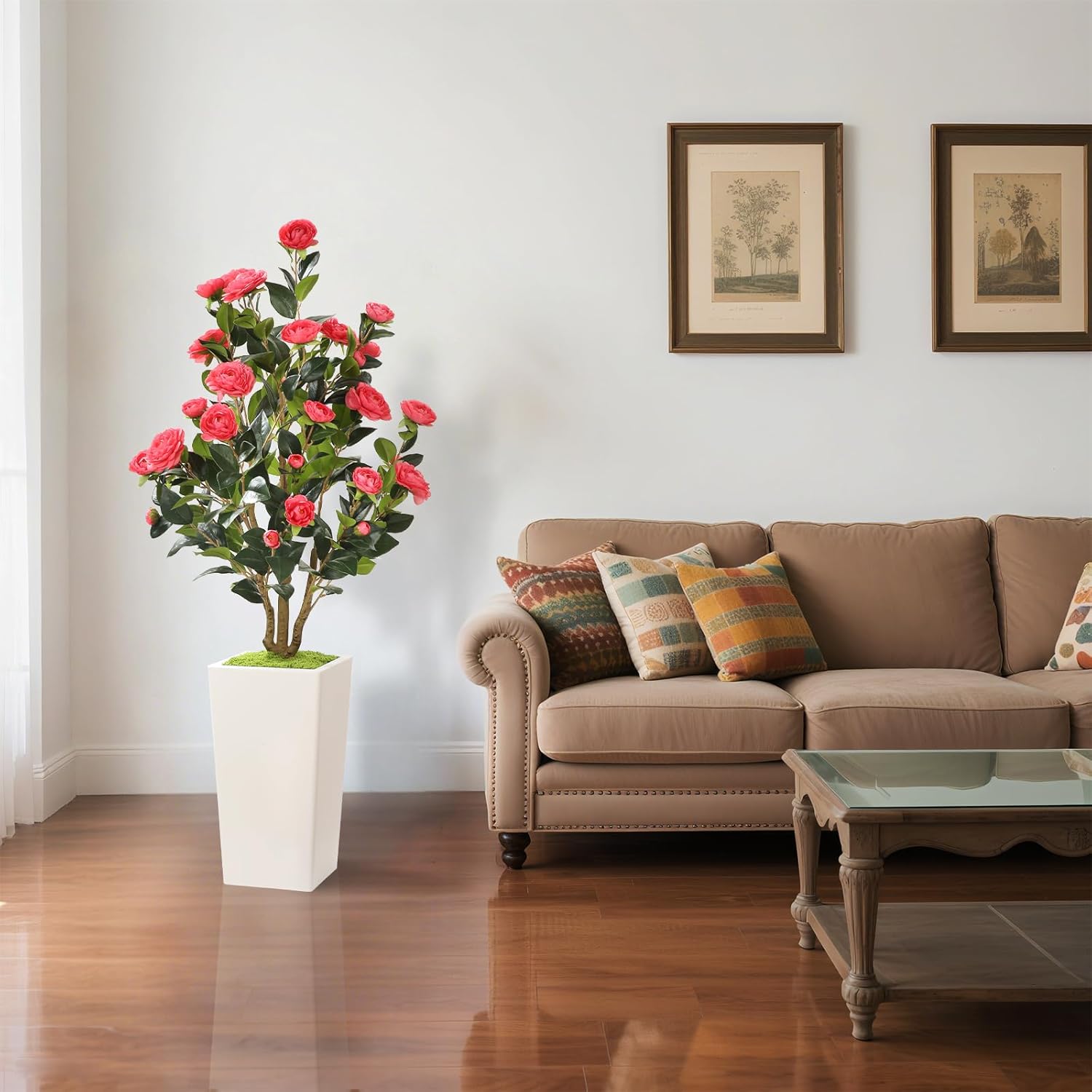 Romantic Season 4FT Artificial Camellia Tree with White Tall Planter, Pink Faux Camellia Plant Flower Tree for Modern Home Office Living Room Floor Décor Outdoor Indoor，Pink