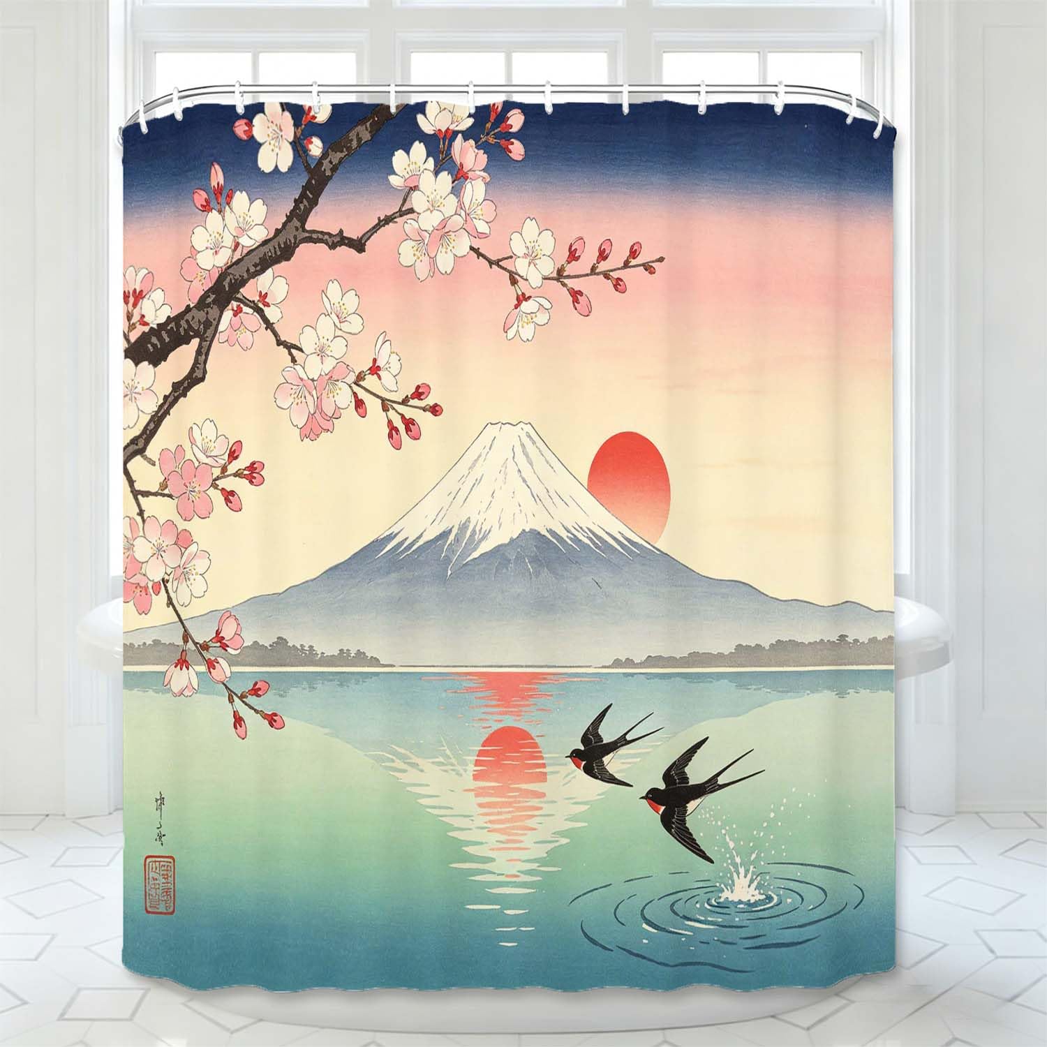Rideau de Douche Anti Moisissure Paysage Japonais, Rideau de Bain Fleurs de Cerisier 3D Rideaux de Douche en Polyester, Imperméable, Lavable en Machine, avec Crochets, 300 x 200 cm 385-YLP