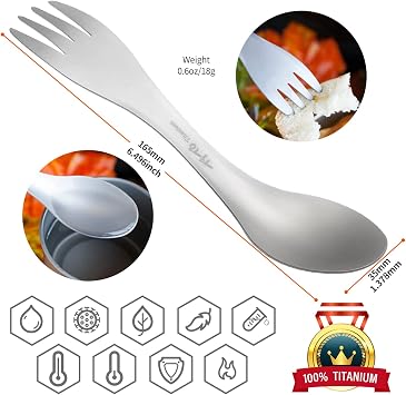 TiTo Titanium Spork 2-in-1 Ultra Lightweight Spoon Fork Tableware for Outdoor Camping, Backpacking, Hiking, Travel, Picnics and Home with Bag (Sandblasting)