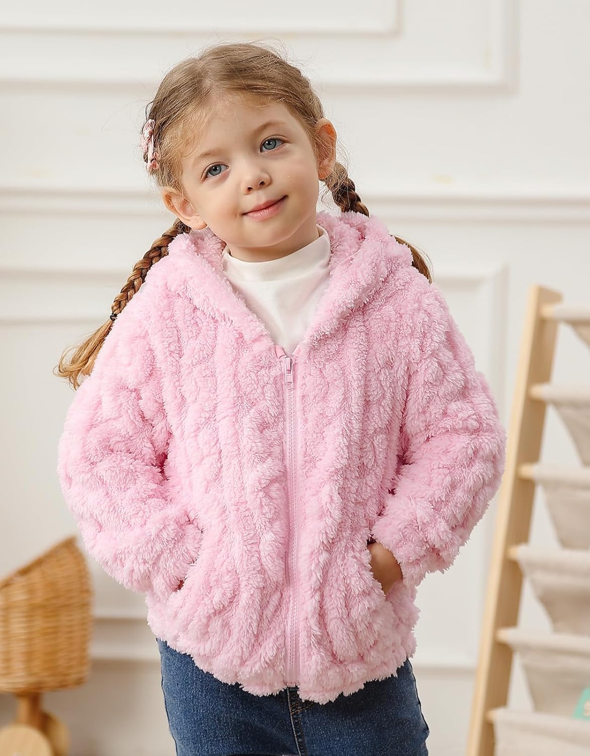 Toddler Fleece Jacket Girls Hooded Zip-up Coat Warm Winter Clothes with Pocket 2-6 Years - Image 3