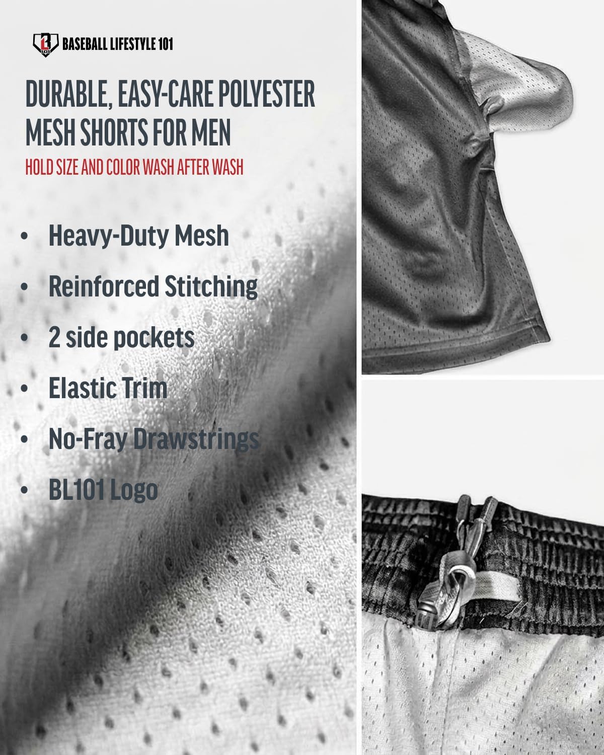 Baseball Lifestyle 101 Men's Bag Chaser Mesh Shorts with Side Pockets and Elastic Waist, 5 in Inseam S-2XL Sizes