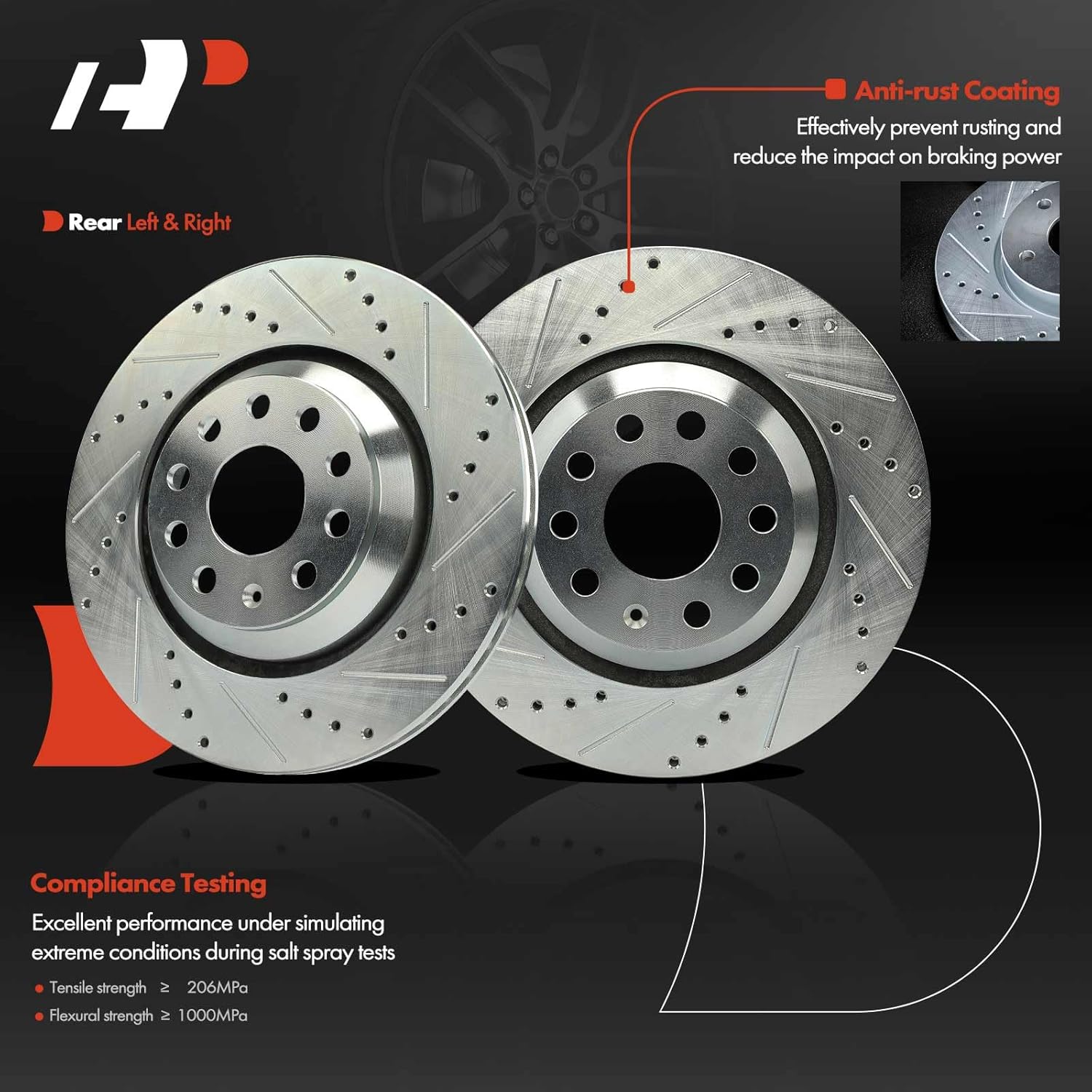 A-Premium 12.20 inch (310mm) Rear Drilled and Slotted Disc Brake Rotors Compatible with Select Volkswagen and Audi Models - Passat, Golf, Tiguan, Atlas, CC, GTI, Arteon, R32, A3, Q3, RS3, S3, 2-PC Set