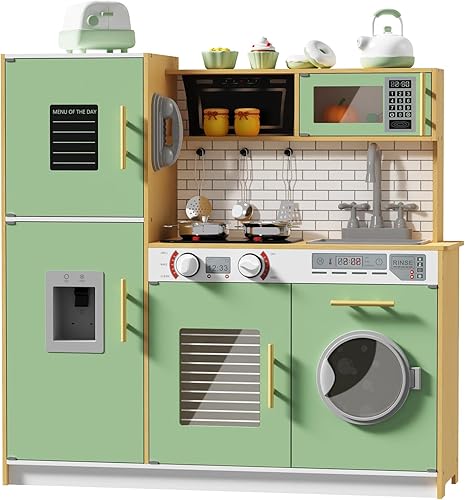 Miniatura 7 de Babytronic Juego de cocina de madera para niños, cocina interactiva con luces y sonidos, juego de cocina para niños con grifo, horno, microondas,