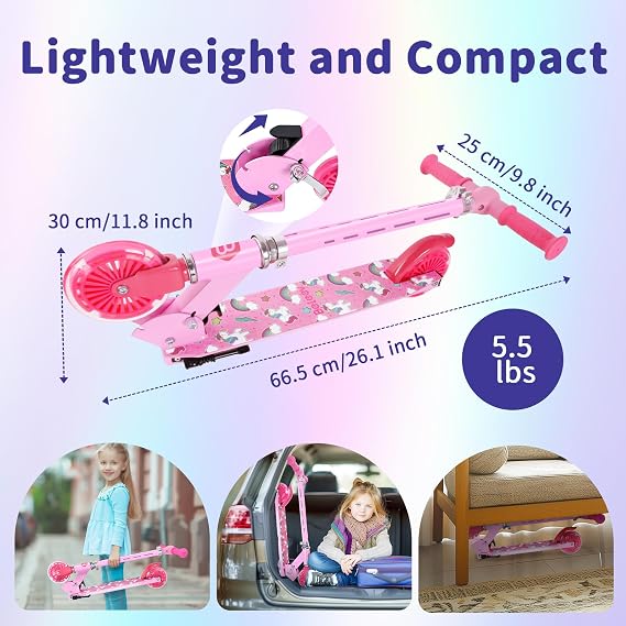 BELEEV V3 Scooter for Kids with Light-Up Wheels & Stem & Deck, 2 Wheel Folding Scooter for Girls Boys, 4 Adjustable Height, Lightweight Kick Scooter with Handy Kickstand for Children Ages 3-12
