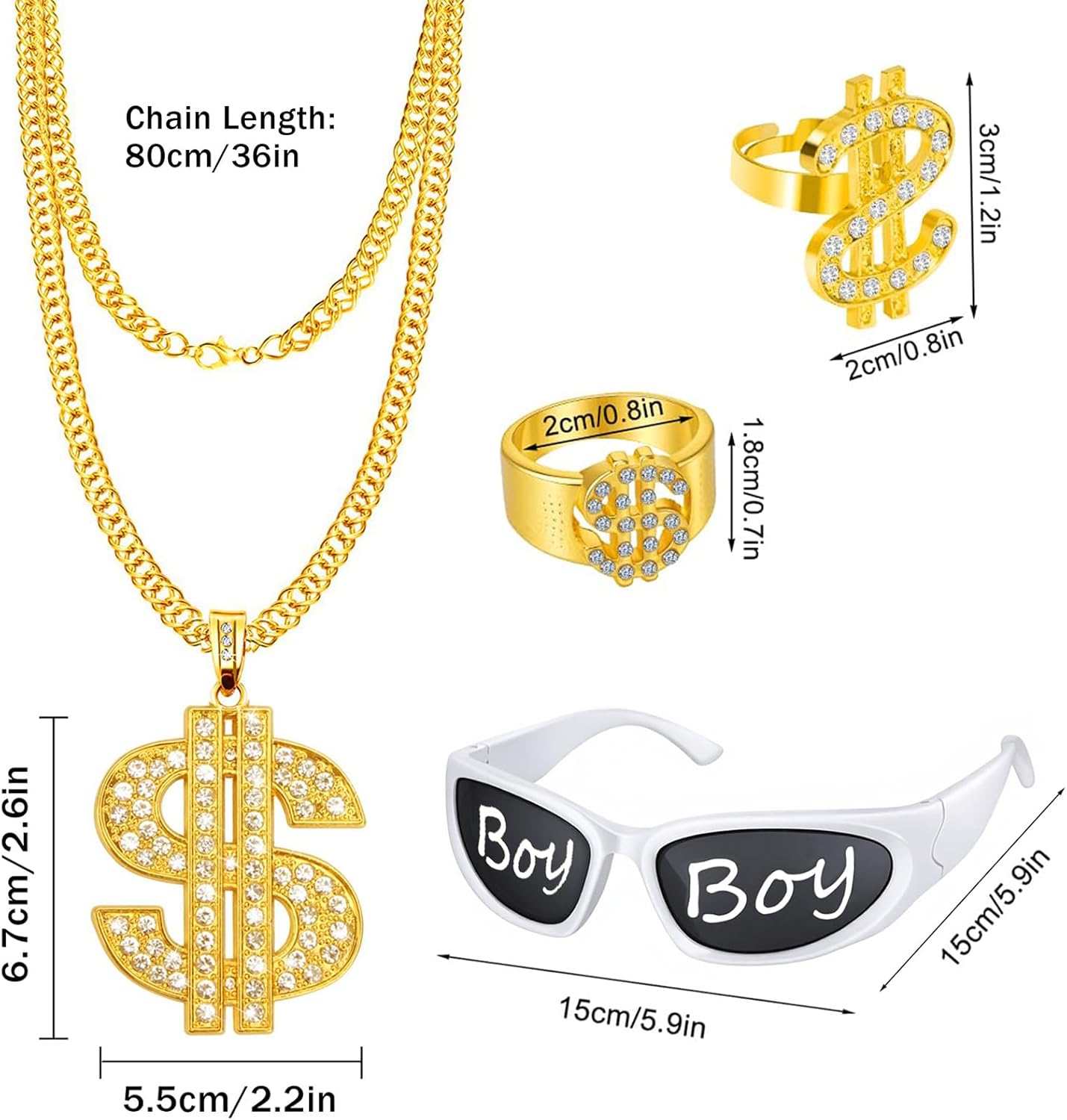 Rapper Costume Hip Hop Costume Accessories White Glasses Sunglasses Fake Gold Chains Rings - Image 5