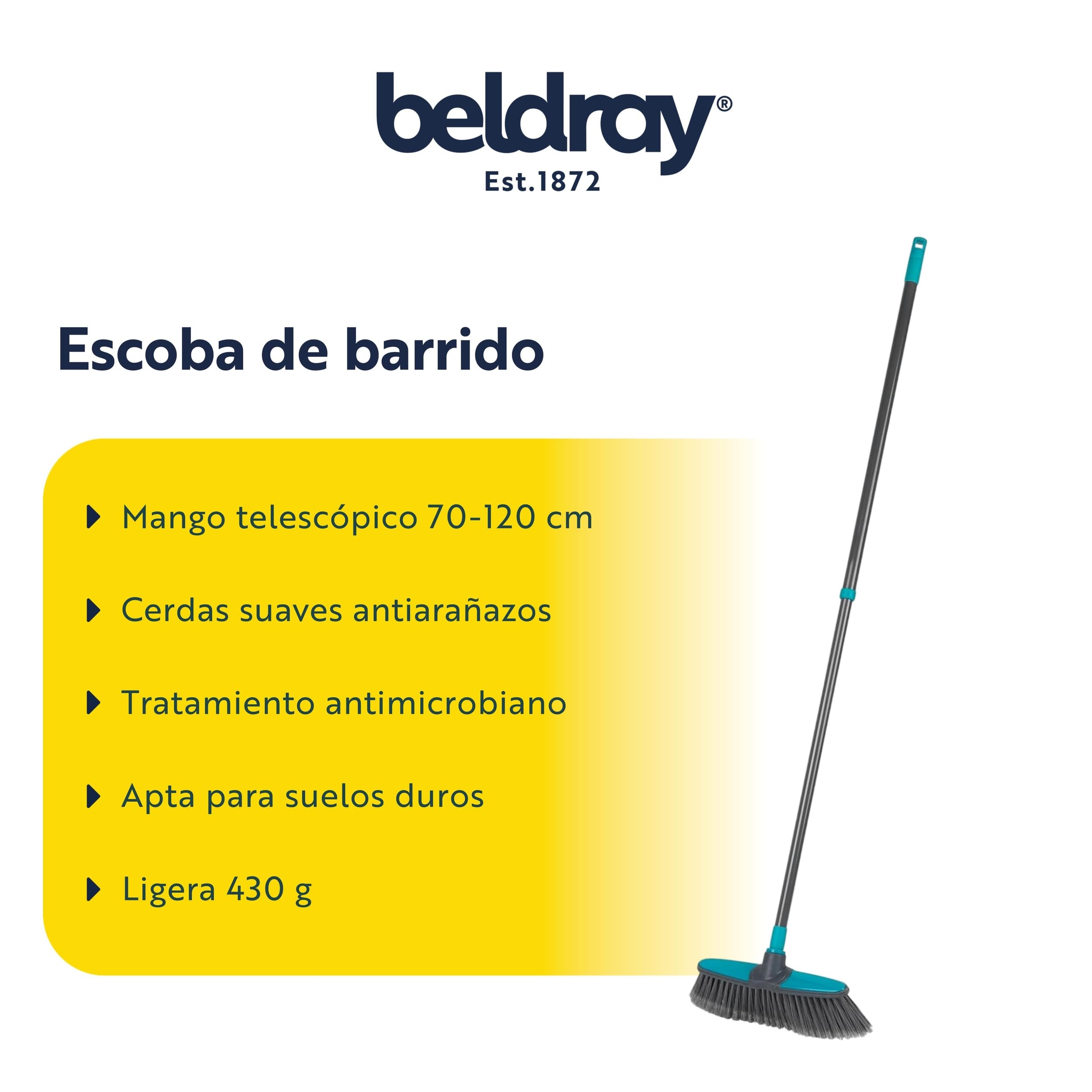 Beldray LA071199UFFEU7 Escoba Antibac Extensible - Cepillo de Barrido con cerdas Suaves antiarañazos, Mango telescópico de 1,2 m, tratado con protección antibacteriana, Apto para la mayoría de Suelos