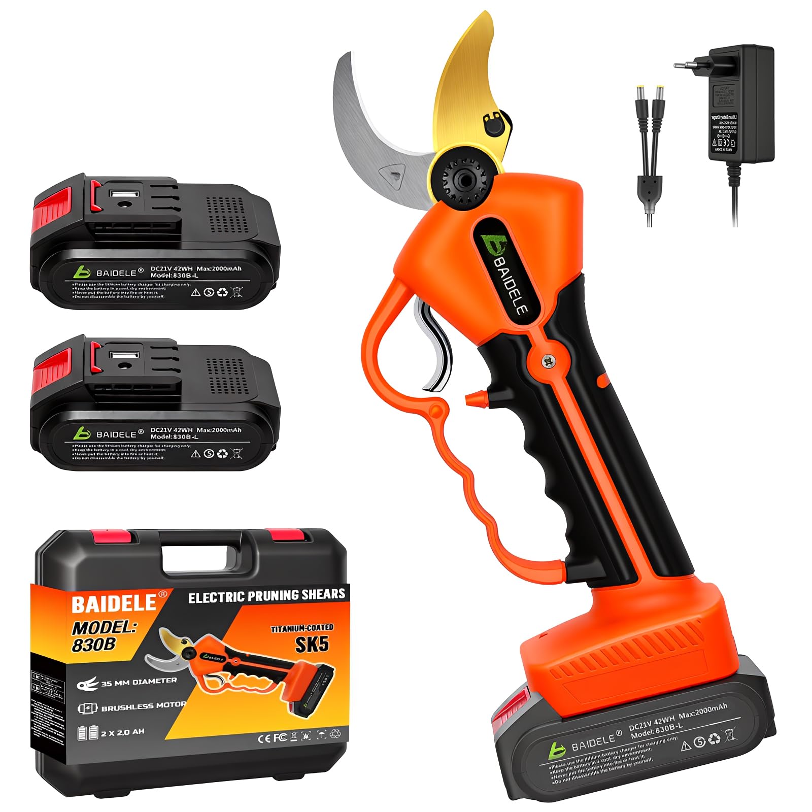 Tijeras de Podar Eléctricas 35mm, 600W Tijeras de Podar Bateria con 2 Baterías de Litio de 2,0 Ah, 8 Horas de Funcionamiento, Empuñadura Antifatiga, Ideal Para La Poda en Jardines, Huertos y Viñedos