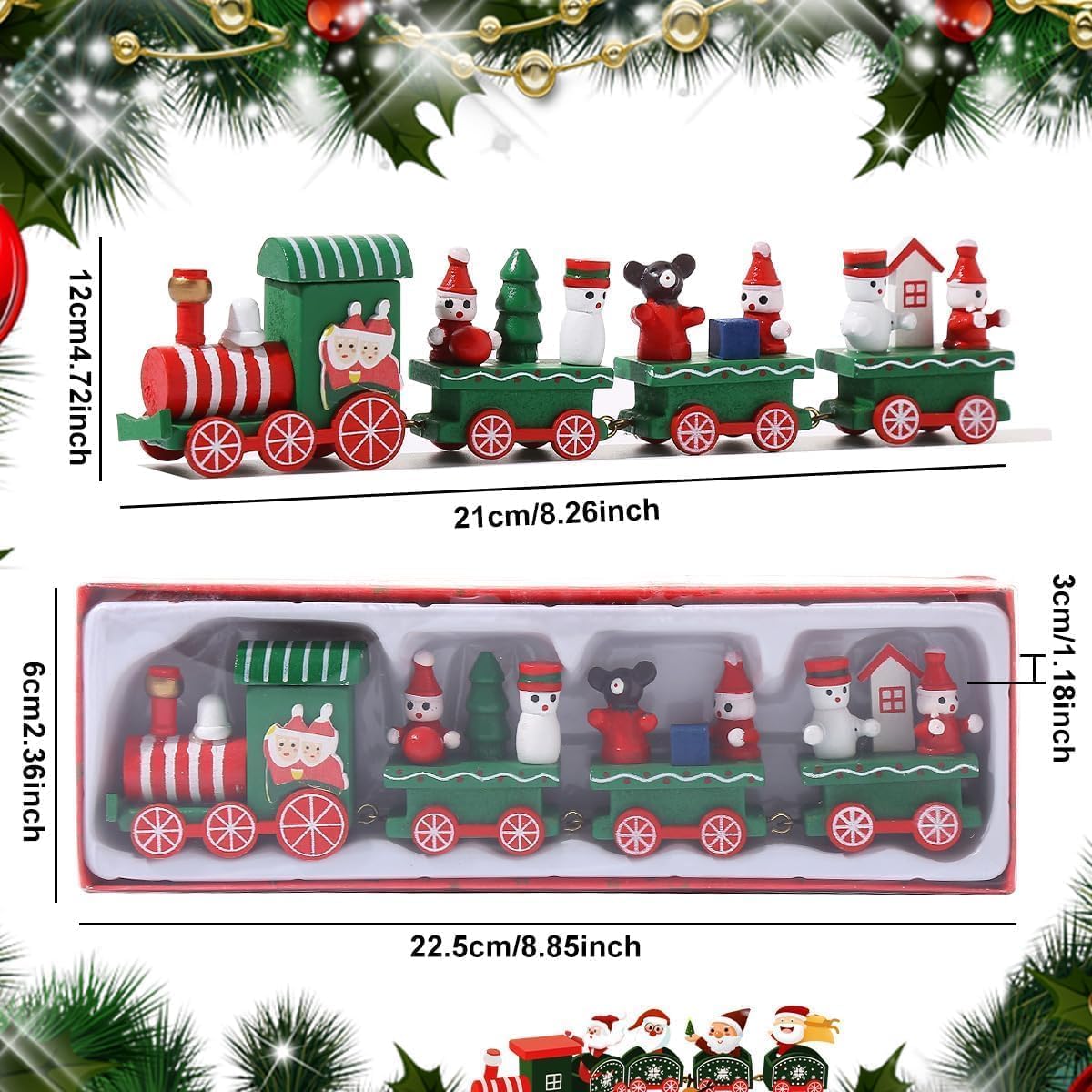 BEMT Mini Wooden Christmas Train Decoration – Painted Xmas Tabletop Ornament with Snowman – Green Holiday Decor for Home, Office, or Party Display