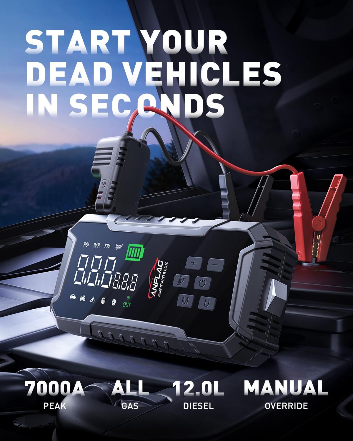 Car Jump Starter with Air Compressor 160PSI, 7000A Car Battery Jumper Starter Portable 12V Jump Box(All Gas/12L Diesel), Cordless Tire Inlfator, 26800mAh Powerbank, Led Lights, Safety Hammer - Image 2