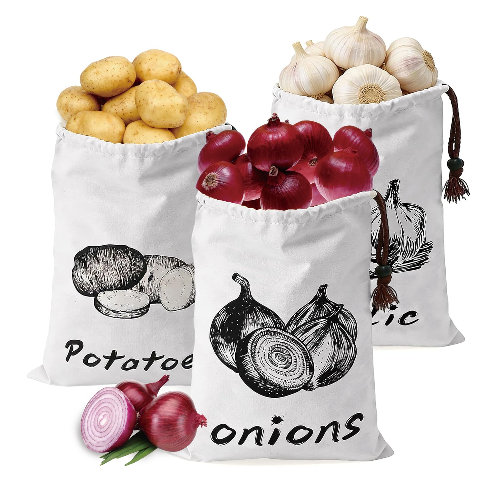 Vegetable Storage Bags Set of 3, Reusable Eco-Friendly Cotton Bags with Drawstring Closure for Potato, Onion & Garlic, Potato Bag for Storing and Keeping Potatoes Fresh for Longer