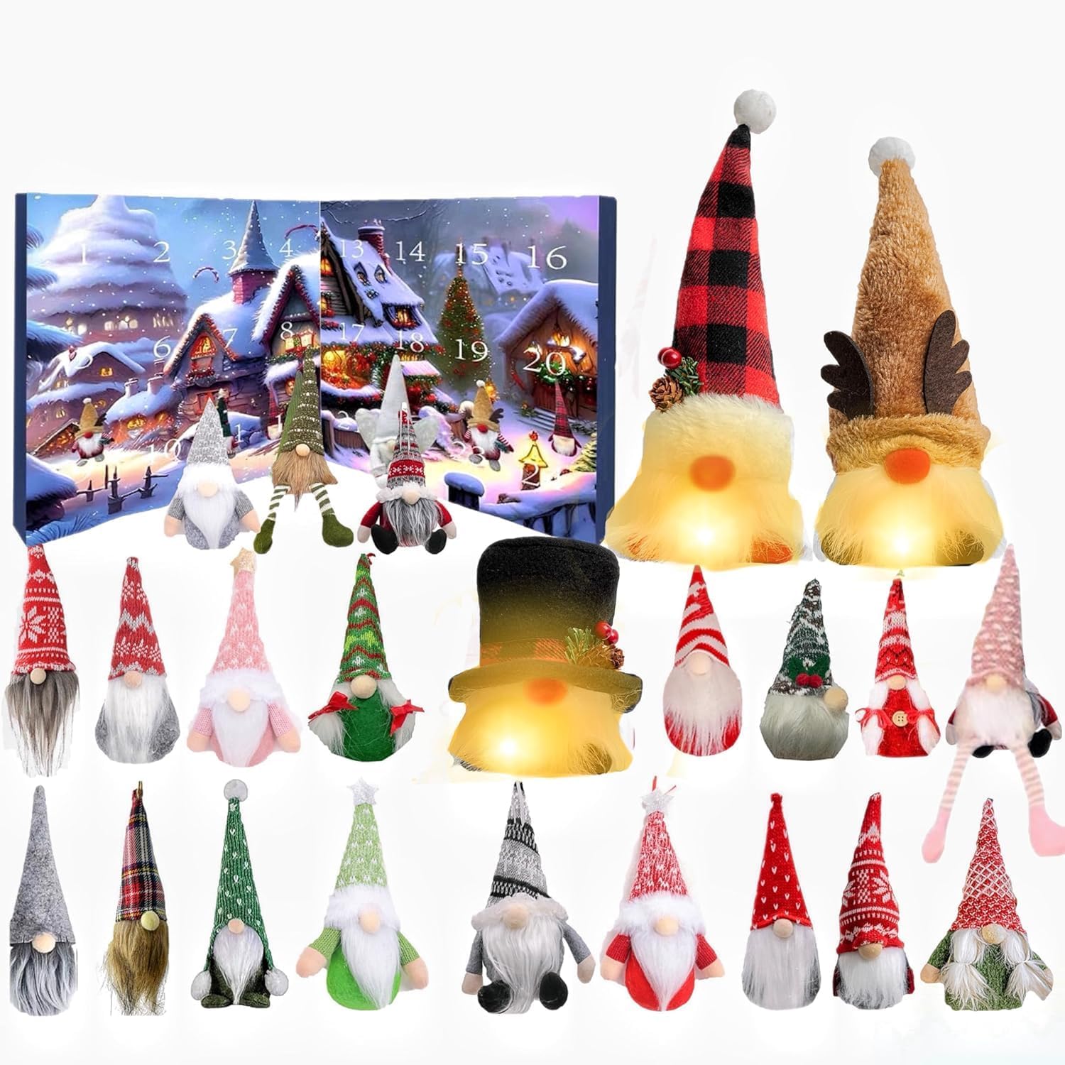 Christmas Gnome Advent Calendar 2025, 24 Days Christmas Gonk Advent Calendar with 24 Gnomes, Xmas Countdown Calendar Gift (D(21+3LED))