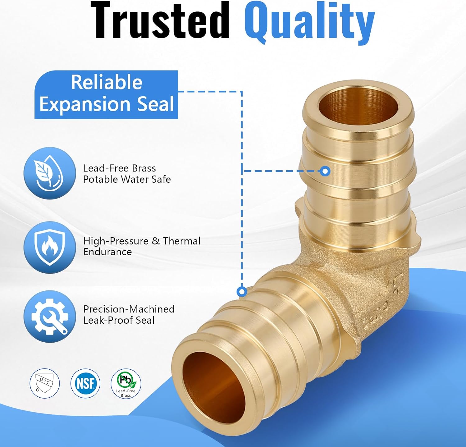 (10-Pack YVSKM) 1/2" PEX-A 90° Elbow Expansion Fitting, Lead-Free Brass Full Flow Connector, ASTM F1960 & cUPC Certified for Residential Hot & Cold Water and Radiant Heating Systems