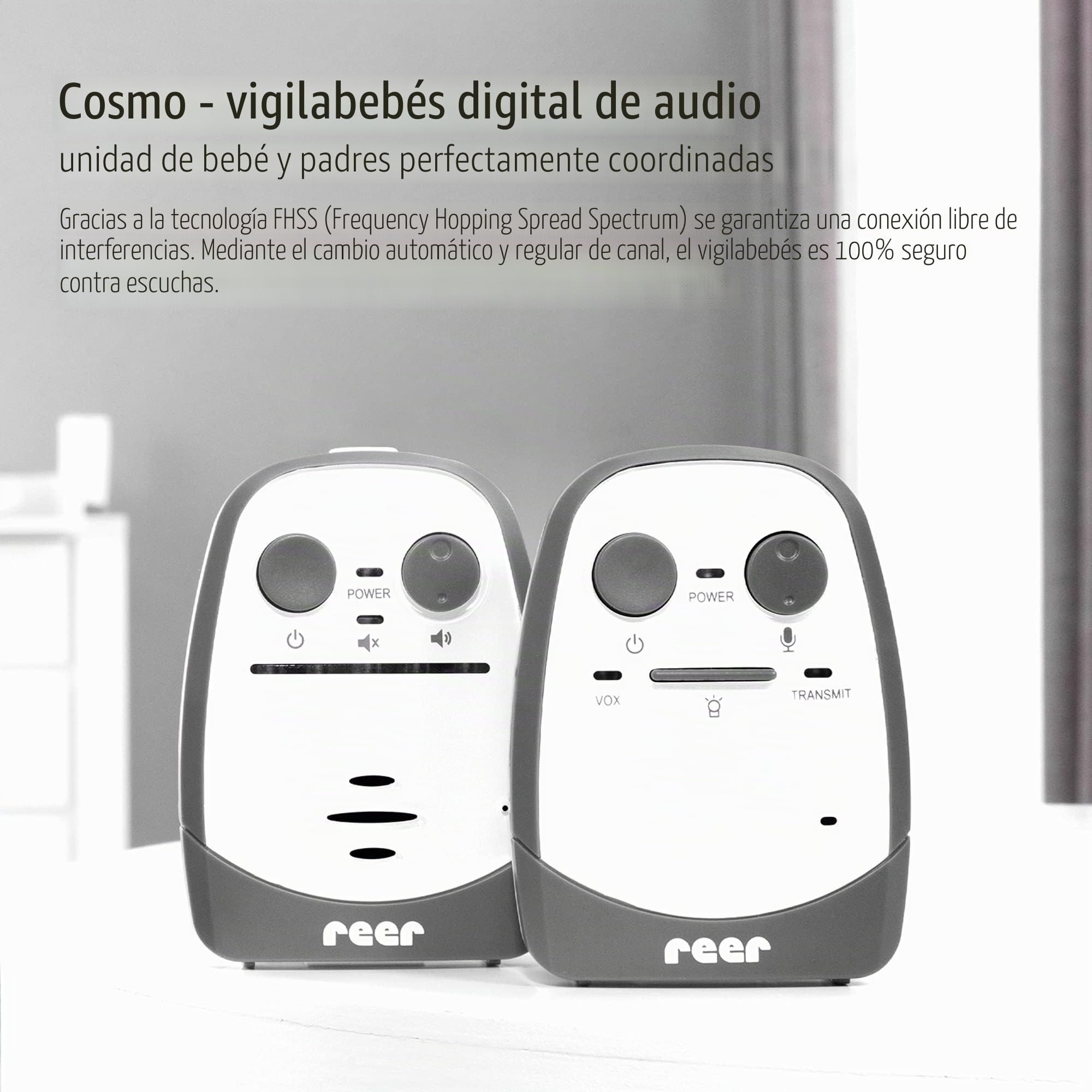 Reer Cosmo 50150 - Vigilabebés con luz nocturna, alarma de vibración y función de intercomunicación, color blanco, alcance de 600 m