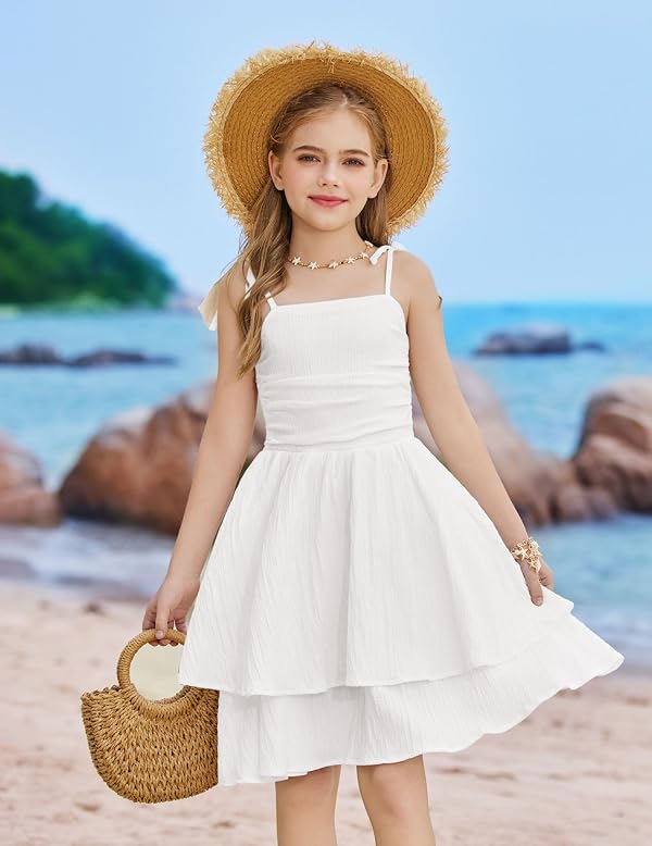 Arshiner Girl White Dress Summer Beach Boho Hawaiian Casual Wedding Easter Formal Spaghetti Strap Midi Teen Sundress Size 7 by Arshiner - Image 4