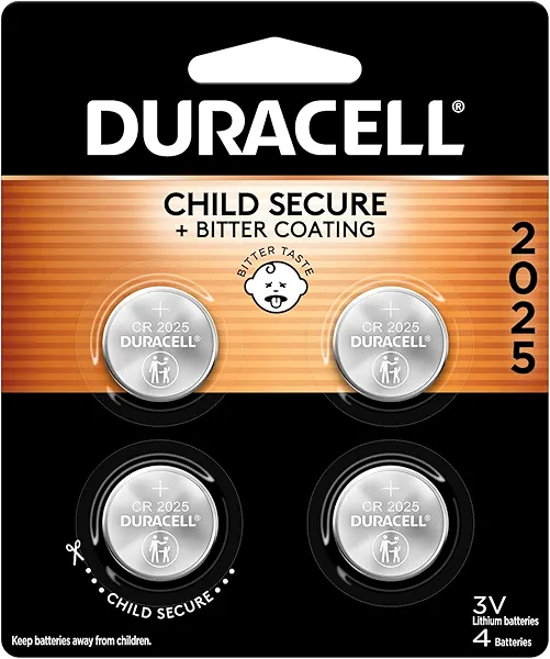 Duracell 2025 Lithium Battery, 4 Count (Pack of 1) Child Safety Features, Lithium Coin Battery for Key Fob, Car Remote, and other devices, CR2025 3 Volt (3V) Cell
