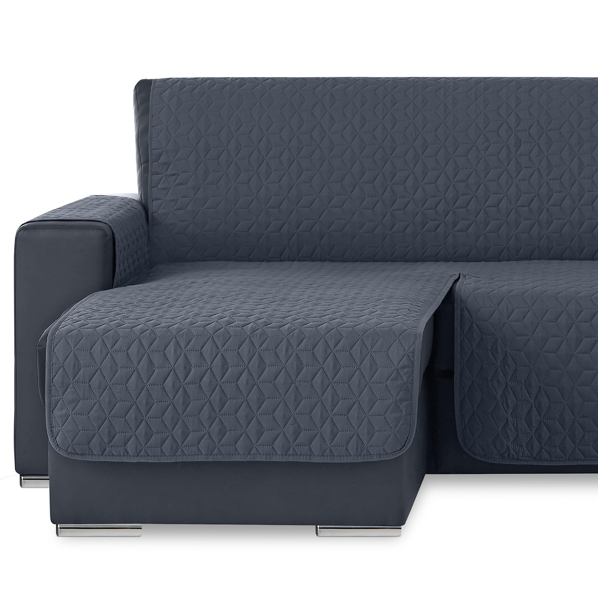 Funda para Sofa Chaise Longue. Protector de Sofa Cuadros. Funda Sofa Acolchada. Protector Mascotas Lavable. Paris. Color Gris Lado Izquierdo Visto de Frente 240 cm