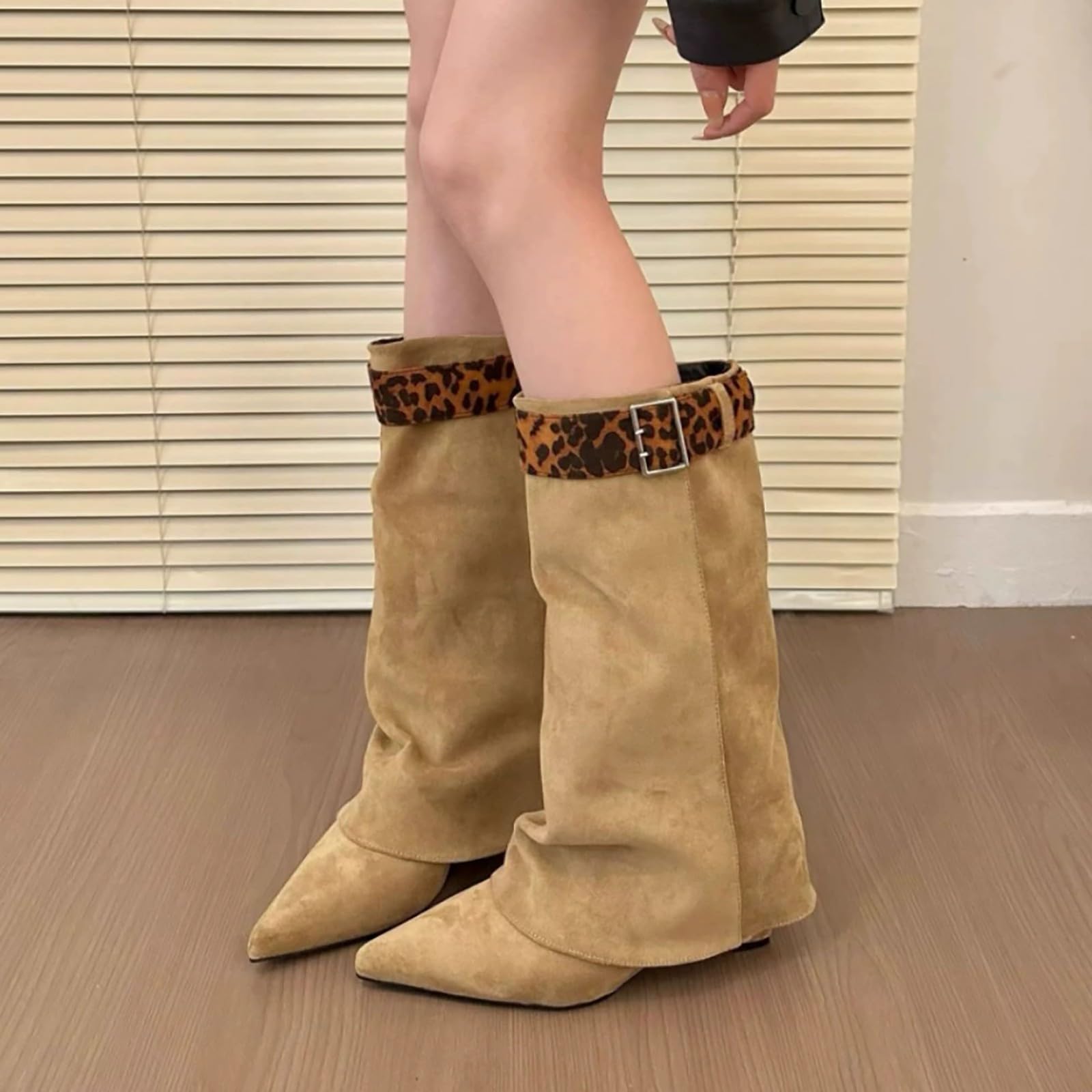 Generisch Langschaft Stiefel Damen Fold Over Shark Cowboystiefel mit Blockabsatz - Klassisch Halbhoch Weitschaftstiefel Spitzer Zehenbereich Übergangsstiefel Damenstiefel für Herbst Winter