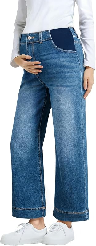 Pantalones jeans de maternidad para mujer, pantalones de embarazo de pierna ancha y cintura alta | Ropa de moda para mamá, talla grande, para embarazo, oficina informal para el trabajo, traje cómodo con bolsillos, estilo holgado