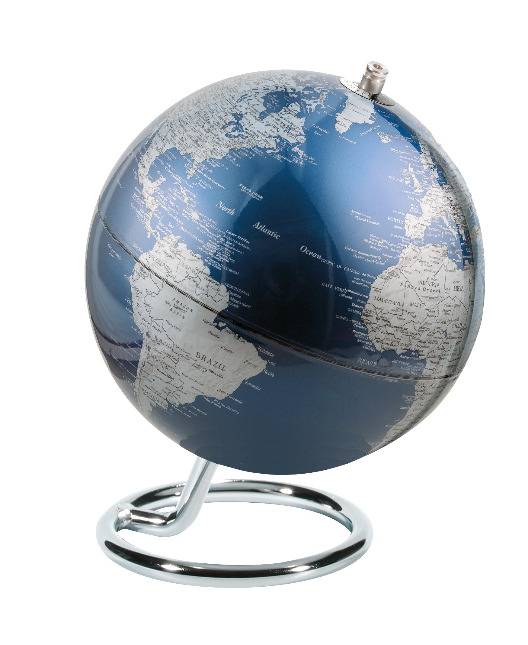 TROIKA Globo terráqueo Mini Ø 13 cm GAGARIN Globo terráqueo mar azul metalizado y superficie terrestre plateada mate, base de metal cromado en forma de anillo eje móvil - en una bonita caja
