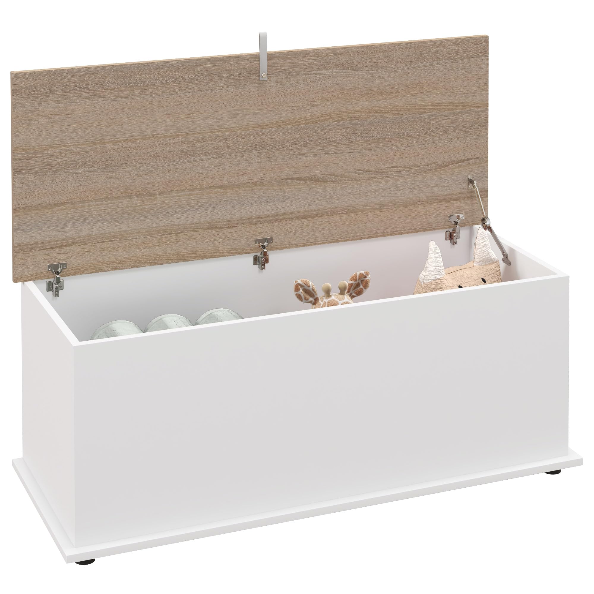 HOMCOM Baúl de Almacenaje, Banco de Almacenaje con Bisagra de Seguridad, Estilo Moderno, para Pasillo, Dormitorio, Salón, 100x40x40 cm, Roble y Blanco