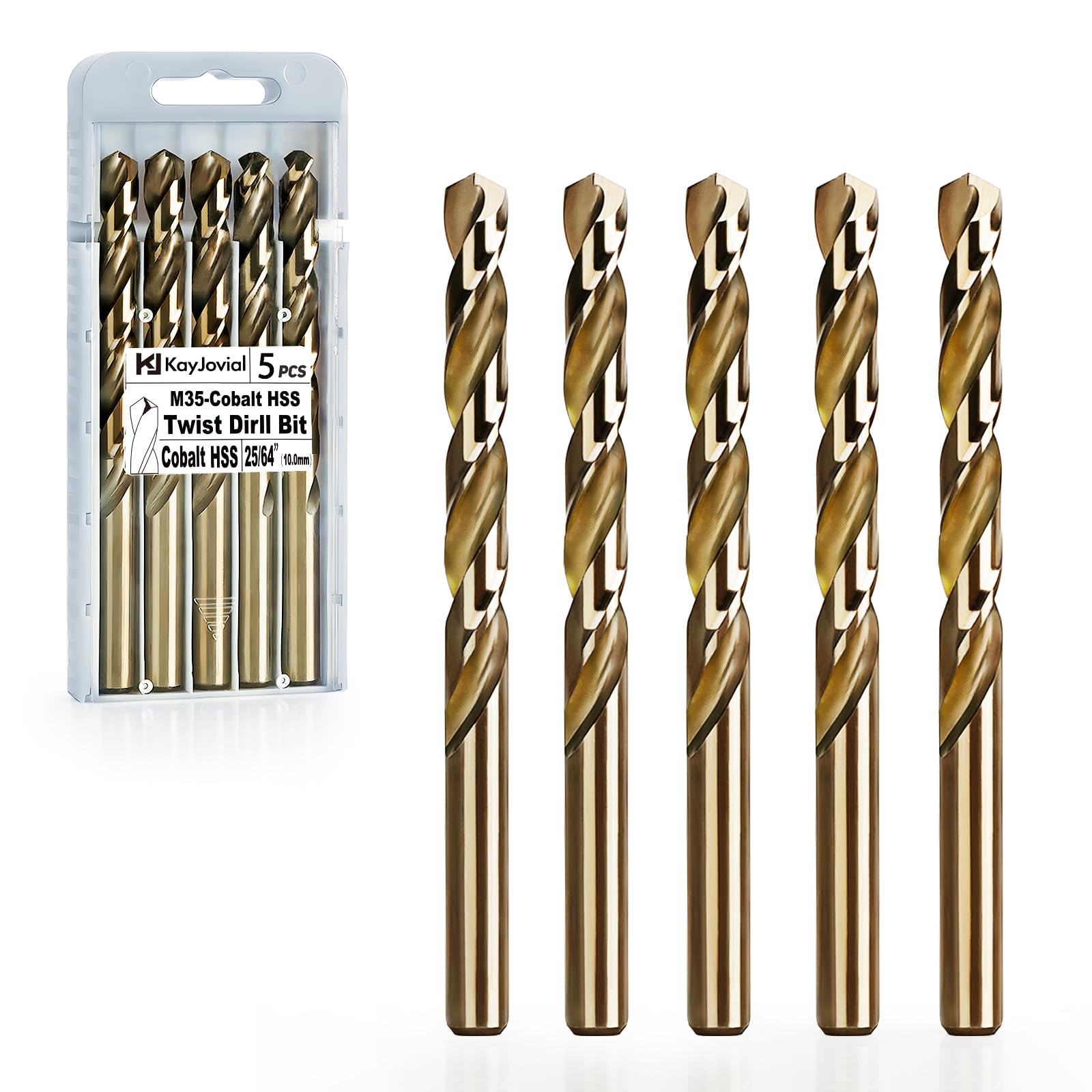 KayJovial 25/64'' Cobalt Drill Bits (5 pcs), M35 HSS Twist Drill Bit Set, for Hard Metals, Stainless Steel, Cast Iron