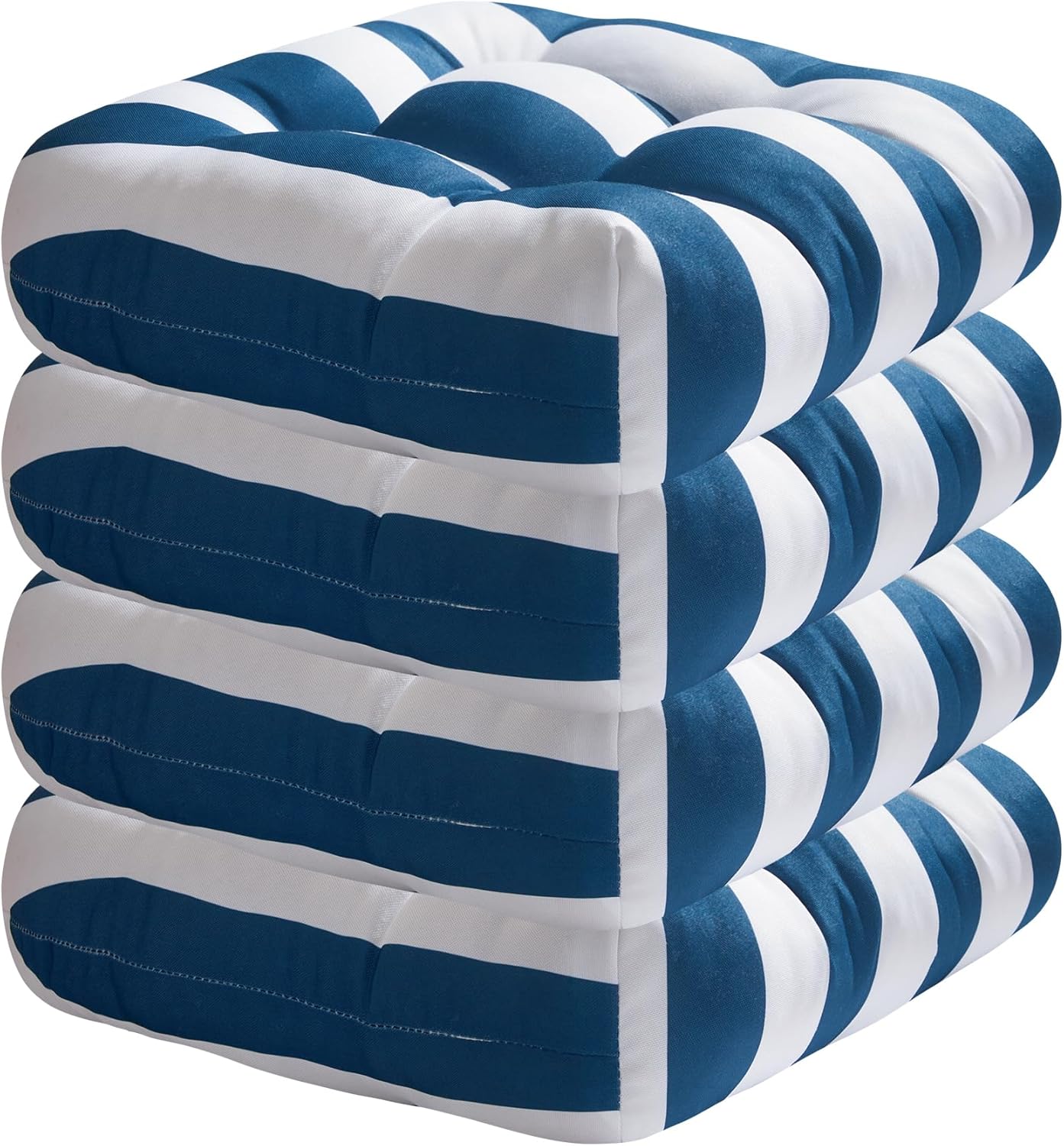 Marina Decoration Premium Thick Comfy Patio Pads Fiber Fill Tufted 19 x 19 x 4 Inch Textured Printed Cover Outdoor Indoor Chair Seat Cushions, 2 Count Pack Blue White Stripes