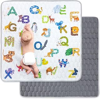 Krabbelteppich für Baby, Rutschfeste Baby Spielmatte Schadstofffrei 127x127cm, Baumwolle Tier Krabbelmatte Baby Faltbar mit Einem Höhenlineal, Kinder Spielmatte für Innen/Außen/Zaun