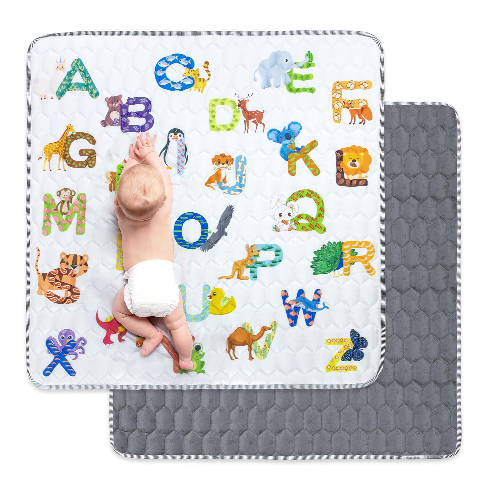 Baby Play Mat for Floor - 127x127cm Soft Playpen Mat Foldable, Cotton Waterproof Baby Tummy Time Crawling Mat, Non-Slip Animal Eat Letter Food Kids Playmat Gifts for Toddler, Machine Washable