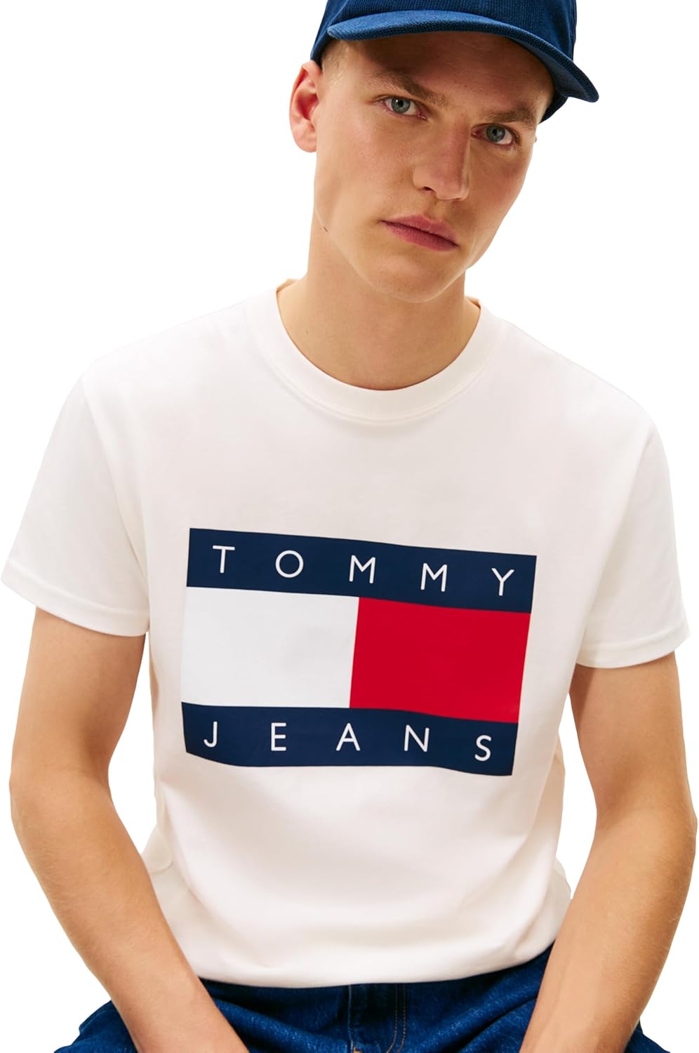 Tommy Jeans Mens Short Sleeve Cotton Graphic T-Shirts with Big Flag Logo Design - Image 2