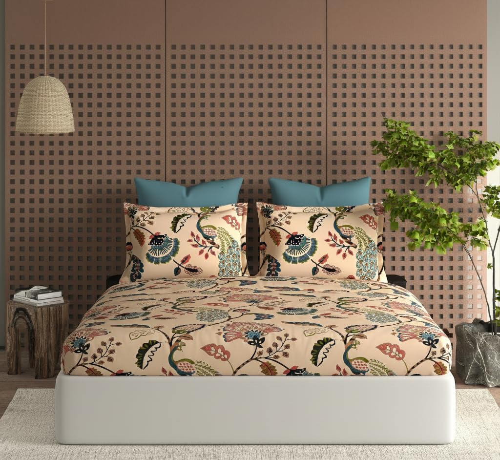DECOMIZER 300 TC Cotton Feel Glace Cotton Elastic Fitted Printed King Size Double Bed Bedsheet with 2 Pillow Coverm Fits Upto 8 inches Mattress,Size- 72x78x10 Inches,Beige Anokhi
