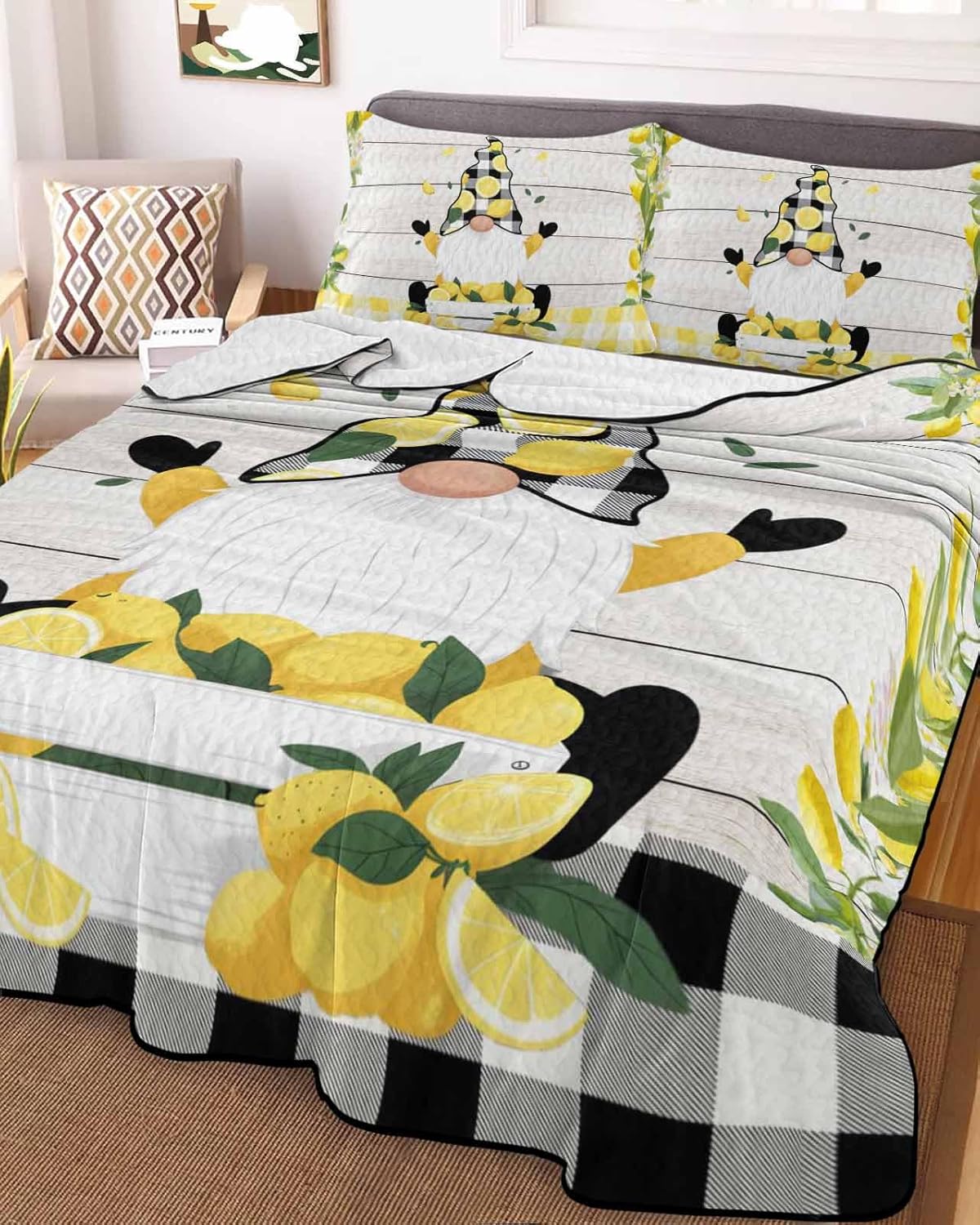 King Size Quilt Set, Rustic Yellow Lemon Buffalo Plaid Dwarf Lightweight Bedspread Coverlet Set Summer Quilt with 2 Pillow Shams, Country White Wooden Texture 3 Piece Comforter Bedding Set