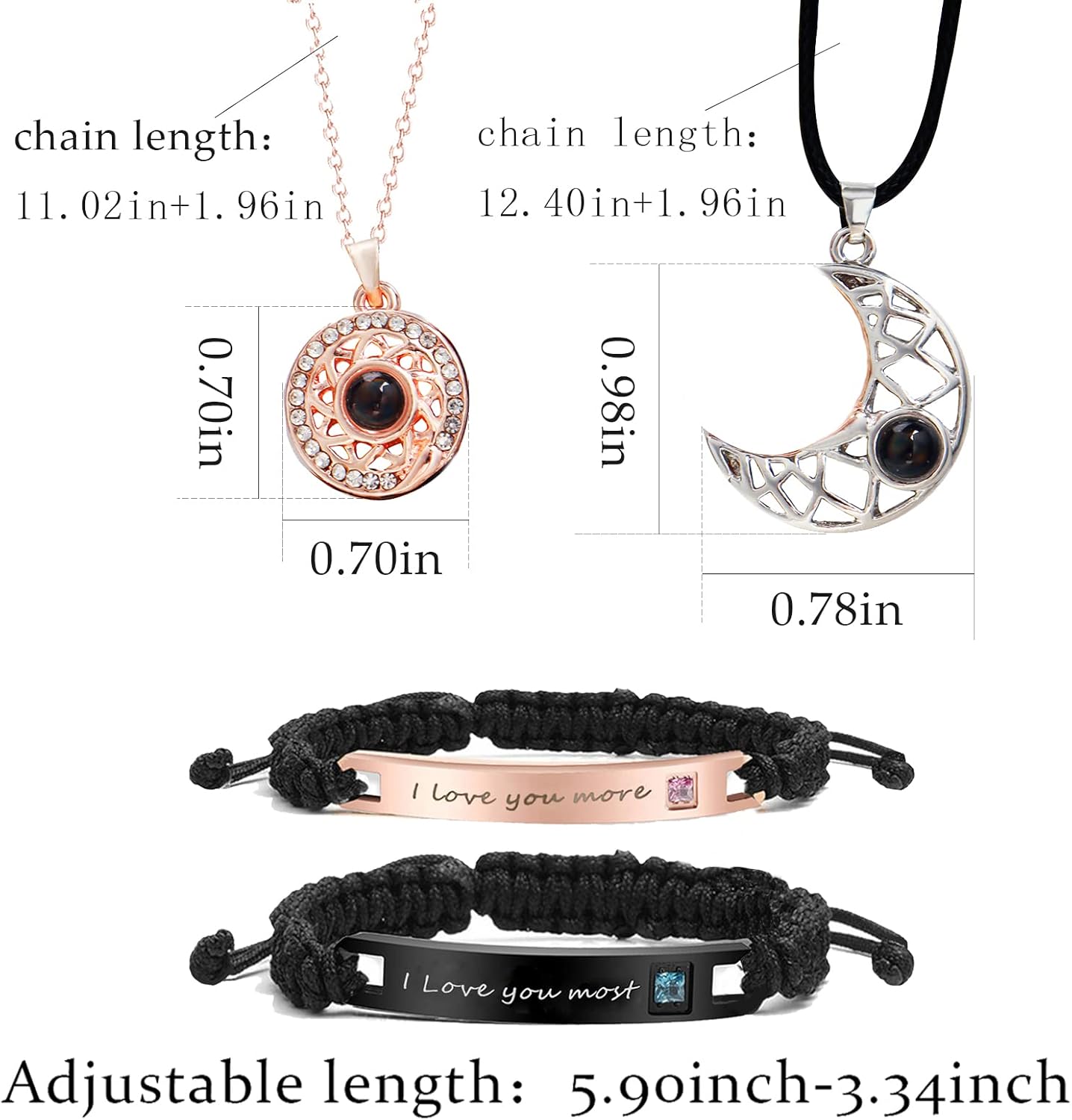 YANCHUN Couple Necklace Matching Necklaces for Couples Necklace Bracelet Set Sun and Moon I Love You 100 Languages for Him and Her Projection Valentines Day Gifts - Image 3