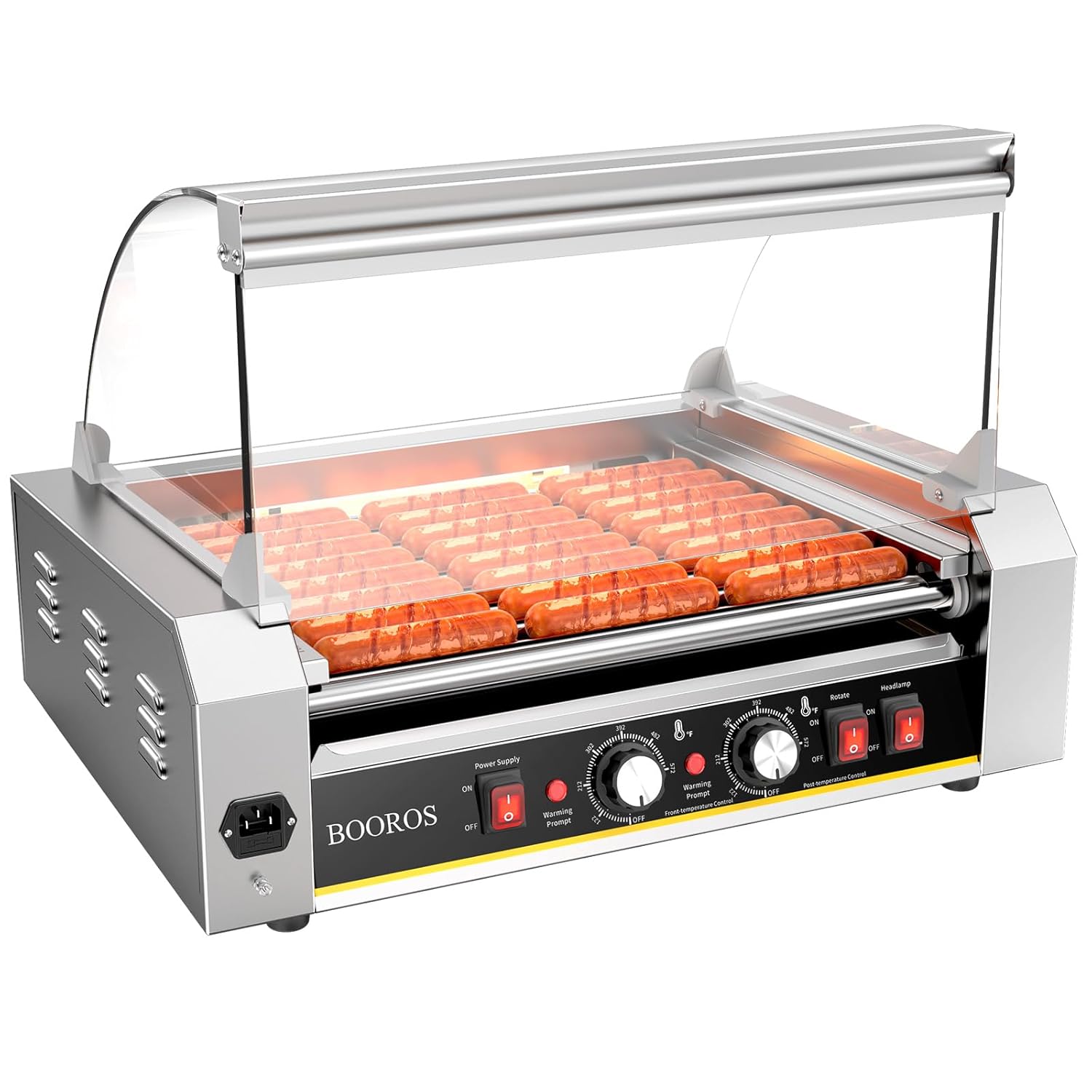 BOOROS 9 Roller Hot Dog Machine 1400W Commercial Hot Dog Roller Stainless Steel with Dual Temp Control,Removable Tempered Glass Cover & LED Lights,24 Hot Dogs Capacity for Parties,Events & Food Stalls