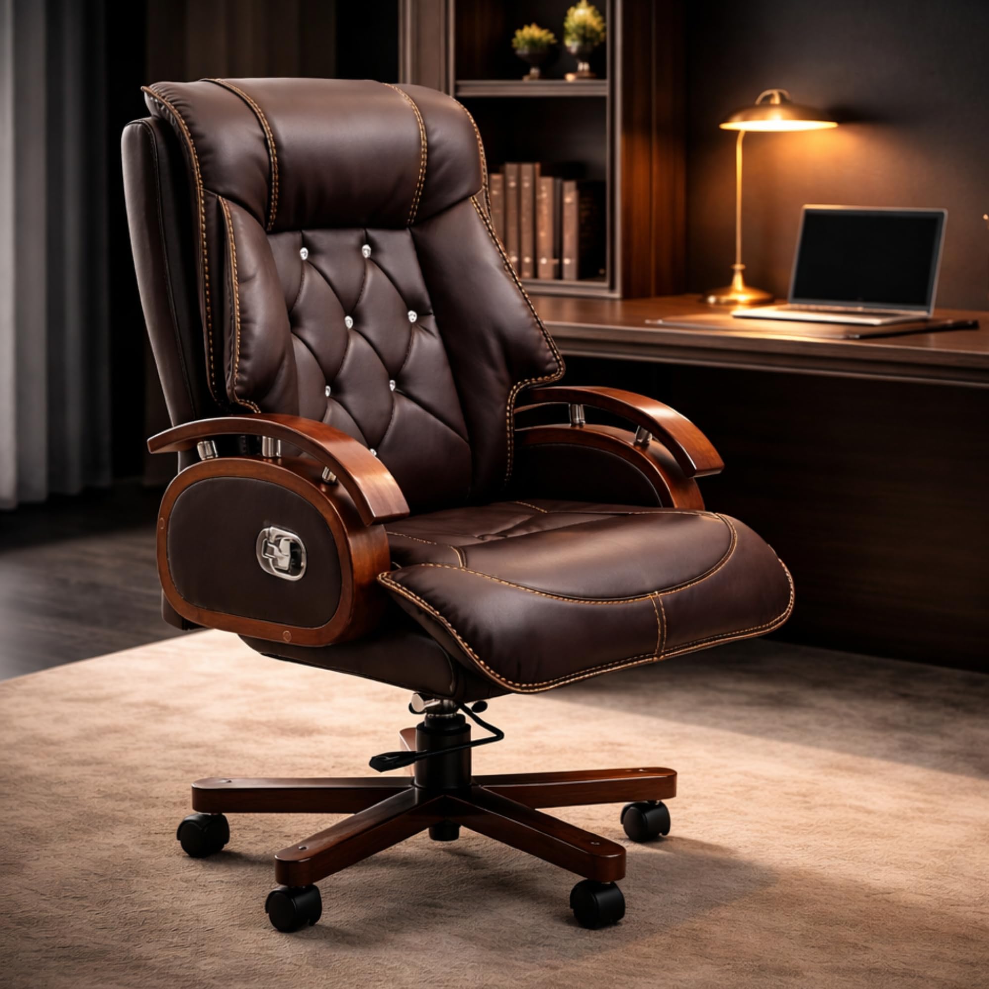 Lakdi The Furniture Co Premium High Back Leatherette Wooden Base & Handle Office Chair for Director & Executive | Revolving Recliner, Soft Heavy Cushion, Brown Colour | 5 Year Warranty | Free Assembly