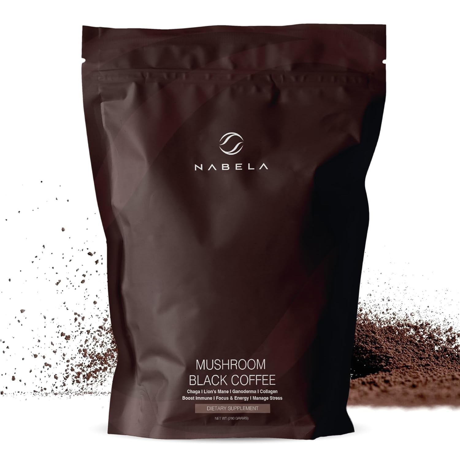 Nabela Mushroom Black Coffee | Instant Roasted Blend of Arabic & Colombian Coffee with Lion's Mane, Chaga, Ganoderma & Hydrolyzed Collagen | Decaf For Focus, Clarity & Natural Energy | 30 Servings
