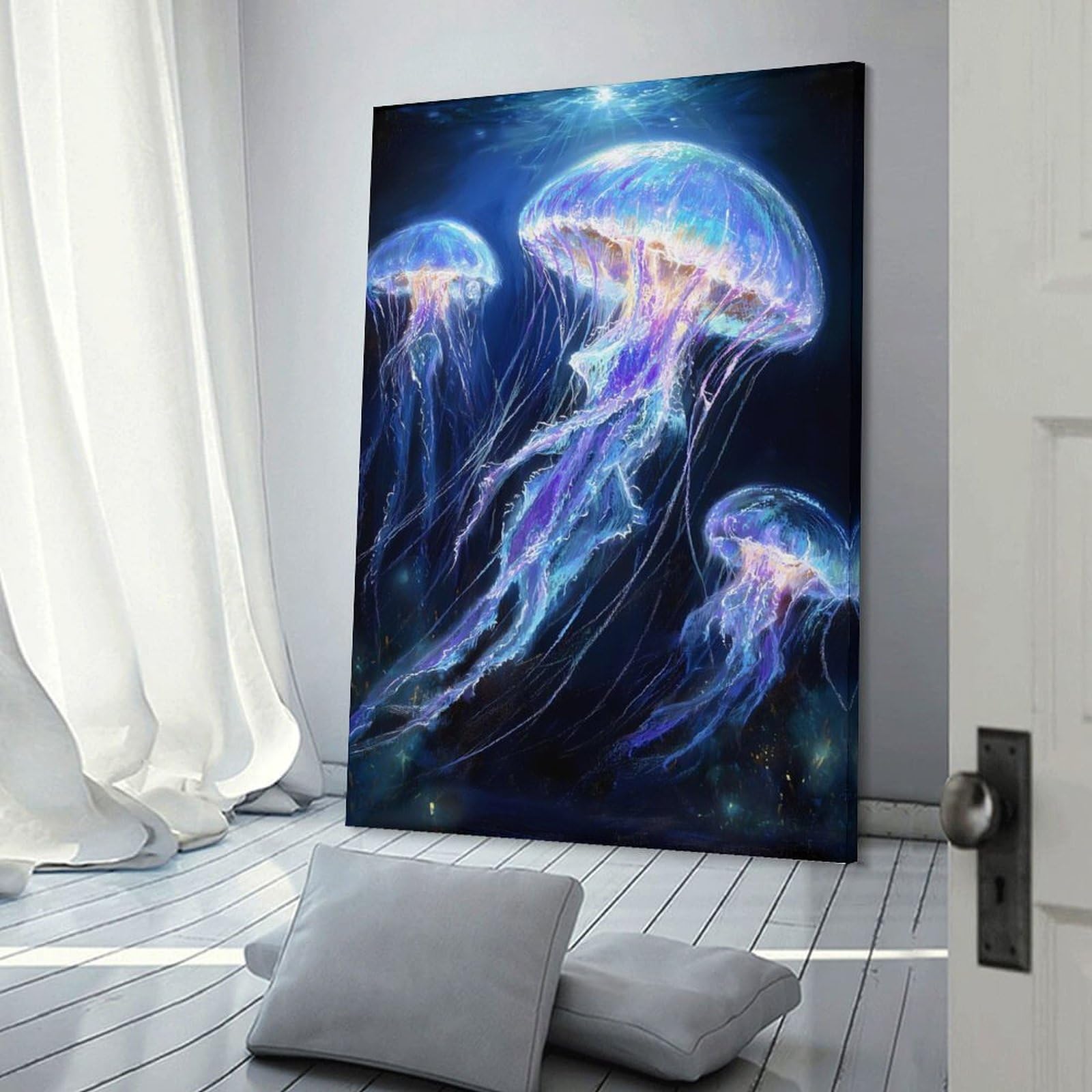 Junmoney Bioluminescent Jellyfish in Deep Ocean Decorative Canvas Print 16x24inch(40x60cm), for Study, Office Or Focused Interiors, Wall Art That Adds Style to Work Areas