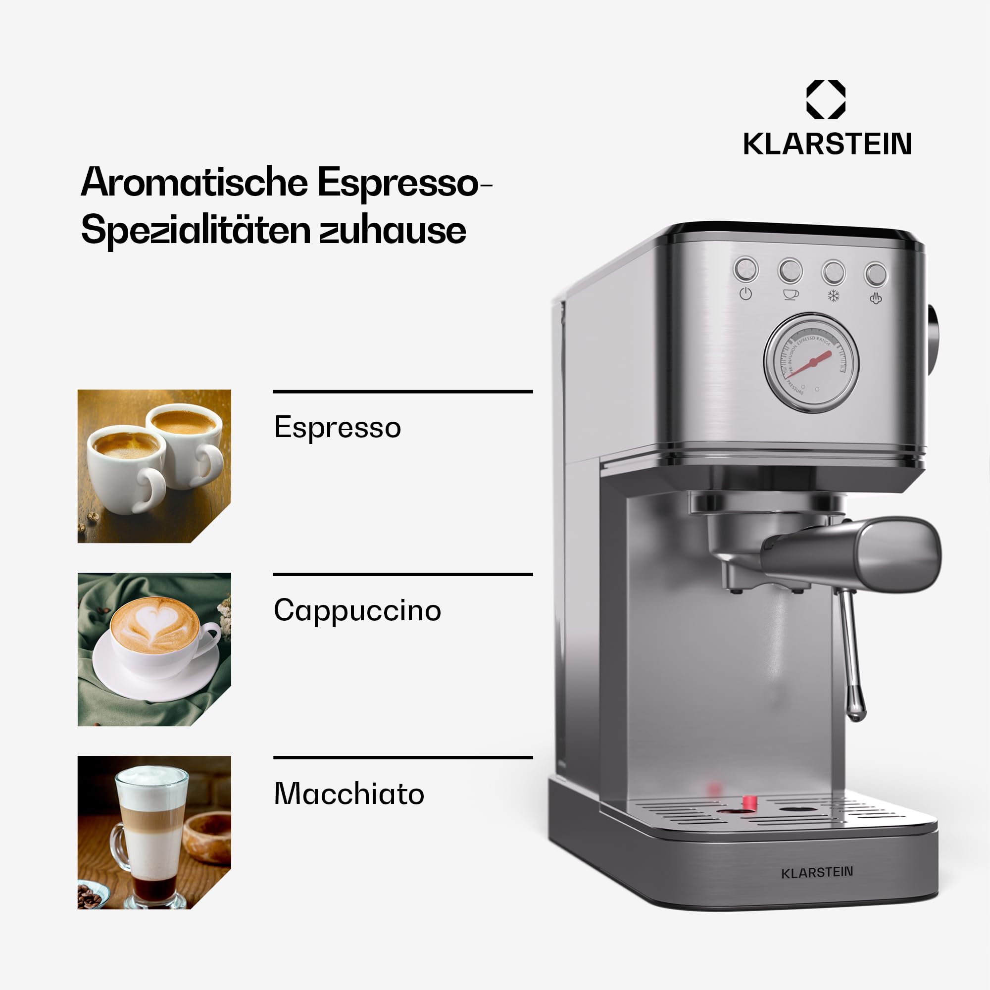 Klarstein SteelPresso Slim Siebträgermaschine 20-Bar 1350W Edelstahl 1,2L Wassertank Dampfdüse Kompakt Espressomaschine