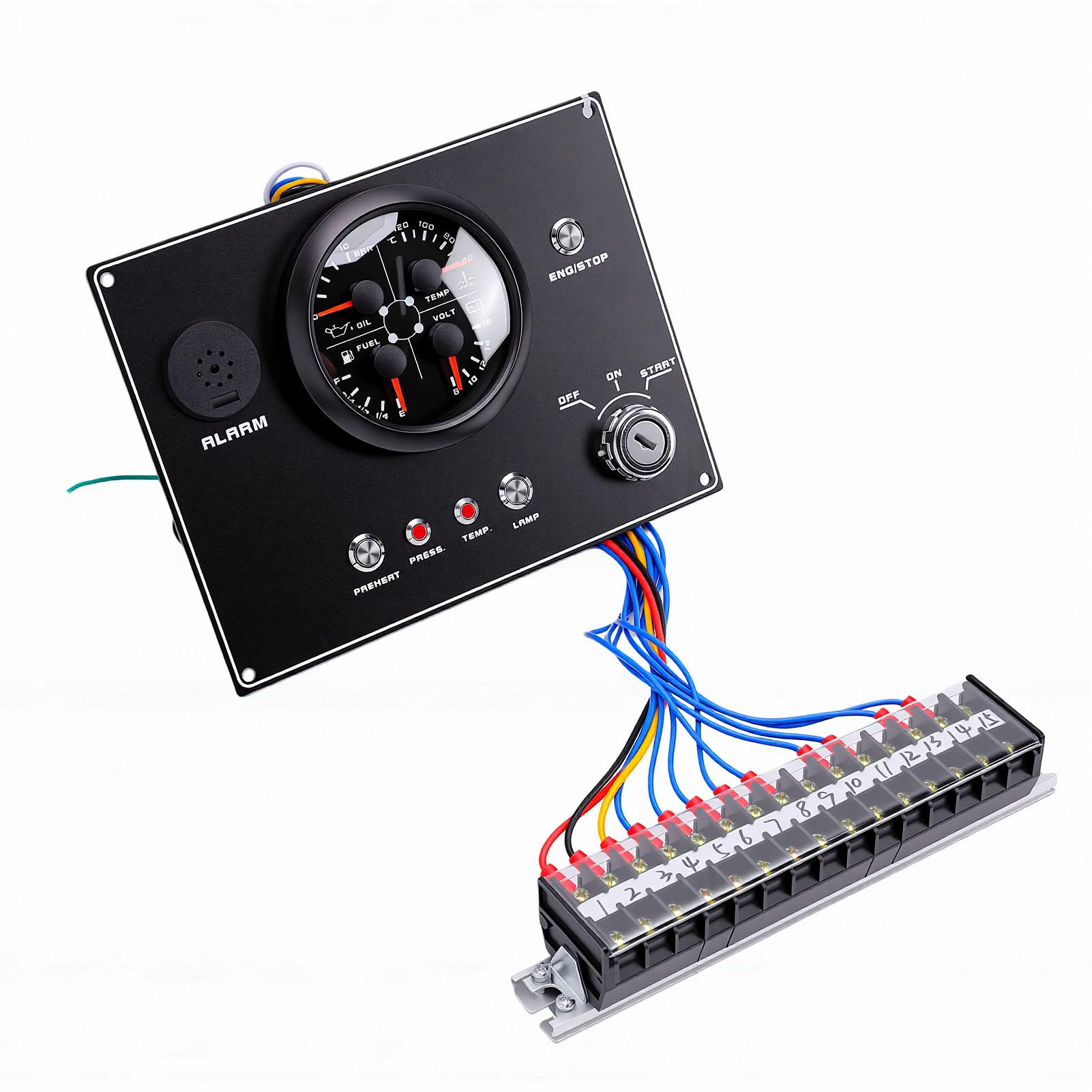 Akozon Panel Wskaźników Morskich 12 V 4 w 1, Poziom smaru, Ciśnienie smaru, Temperatura Wody, Miernik Napięcia do łodzi, Jachtu, Kampera, Czarna Skrzynka CX9603 (Czarna tarcza, obudowa CX9603B)
