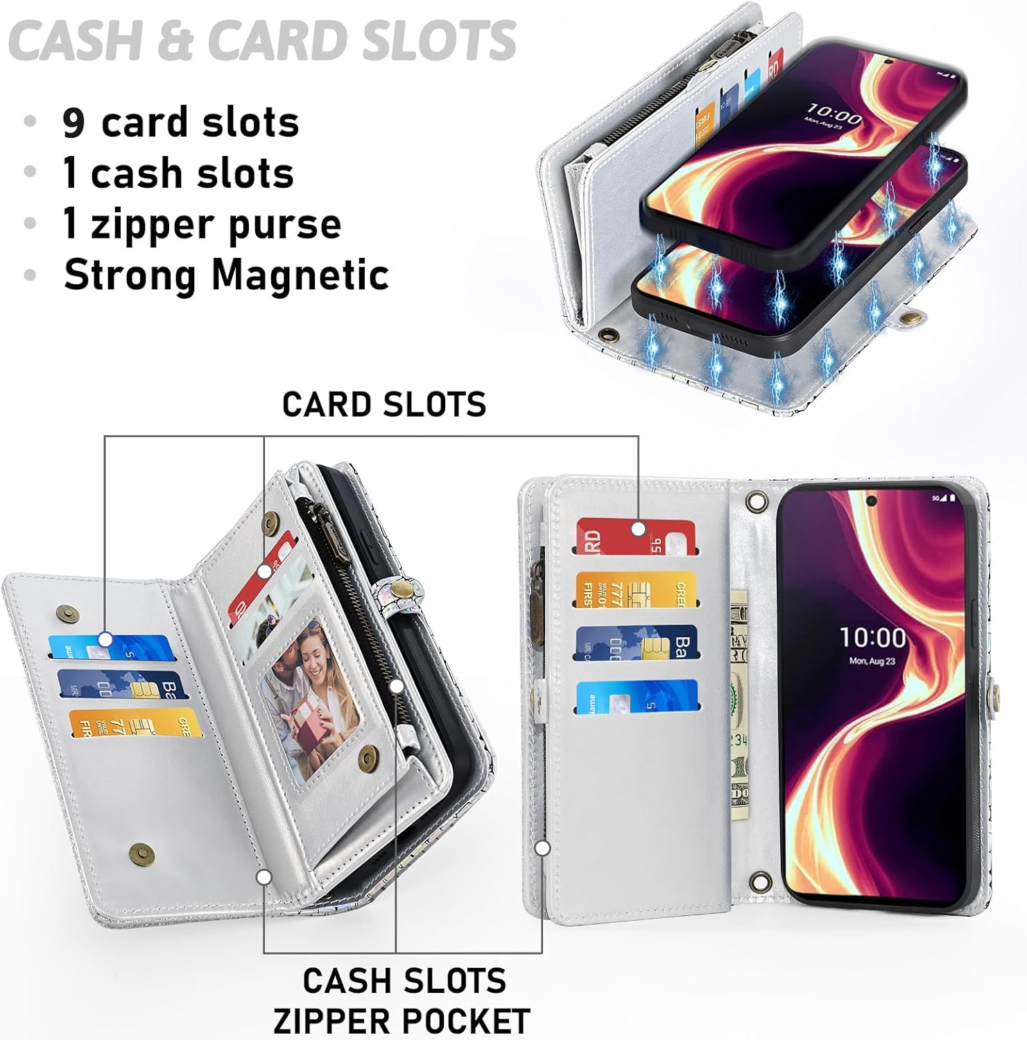 Asuwish Phone Case for Boost Mobile Celero 5G Plus 7 inch 2023 Zipper Wallet Detachable with Tempered Glass Screen Protector Cover and Card Holder Slot Wrist Strap Cell Purse Flip 5G+ Women Men Silver